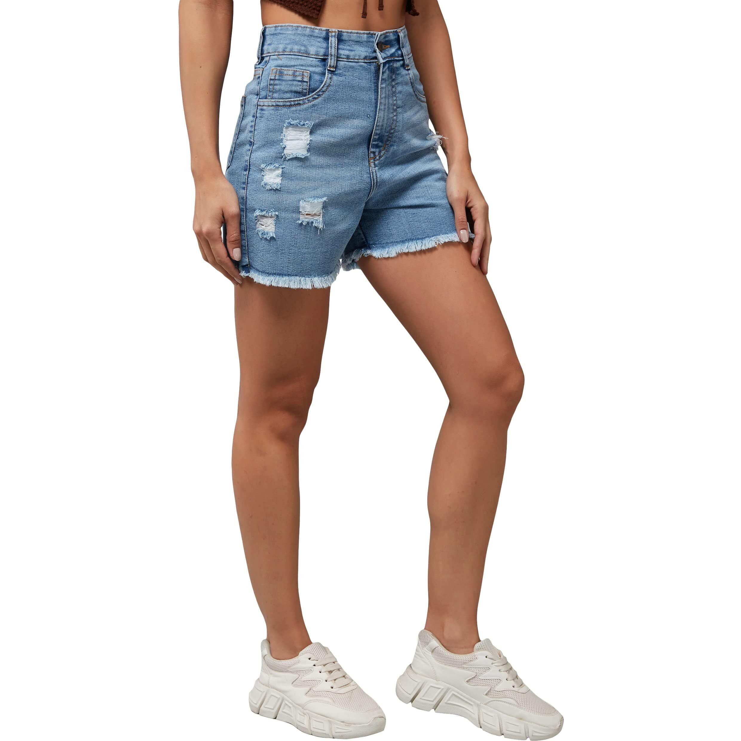 Miss Chase Women's Relaxed Fit Mid Rise Highly Distressed Regular-Length Denim Shorts (MCSS23DEN79-01-203-28, Blue, 28)