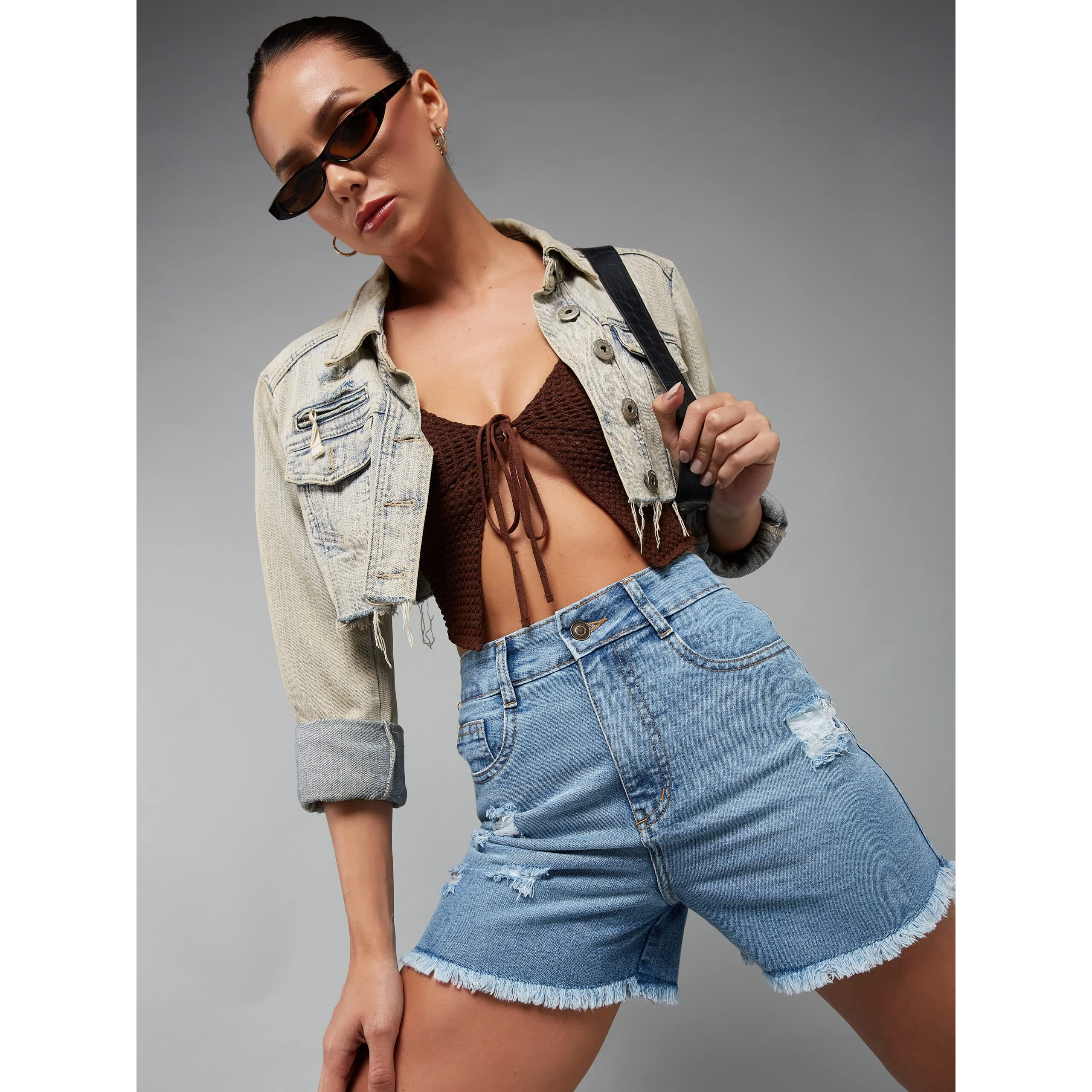 Miss Chase Women's Relaxed Fit Mid Rise Highly Distressed Regular-Length Denim Shorts (MCSS23DEN79-01-203-28, Blue, 28)