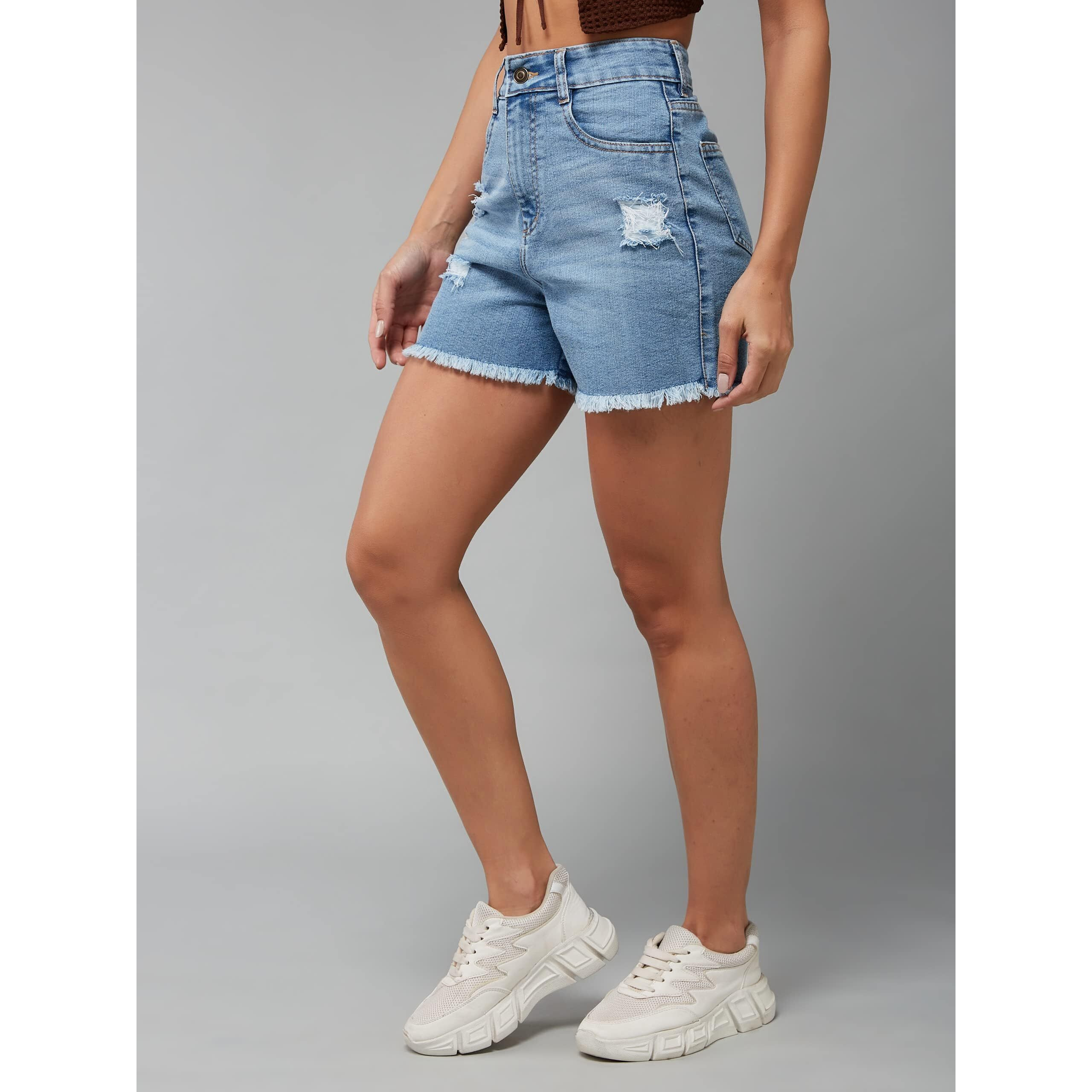 Miss Chase Women's Relaxed Fit Mid Rise Highly Distressed Regular-Length Denim Shorts (MCSS23DEN79-01-203-28, Blue, 28)