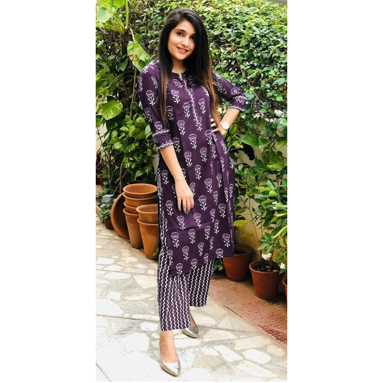 LookMark Women's Printed Cotton Blend Straight Kurta Pant Set - Elegant Ethnic Wear Ensemble for Modern Women, Perfect for Any Occasion (AZ-LM-OG-KS2115-S) Wine