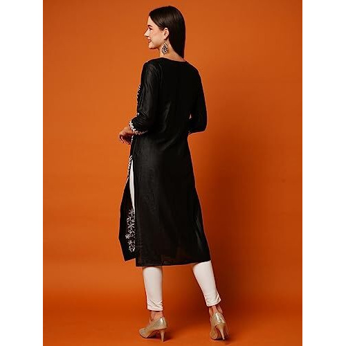 ANNI DESIGNER Women's Cotton Blend Casual Style Straight Chikankari Embroidered Kurta (Victoria Black_2XL_Black_2XL)