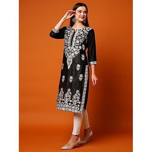 ANNI DESIGNER Women's Cotton Blend Casual Style Straight Chikankari Embroidered Kurta (Victoria Black_2XL_Black_2XL)