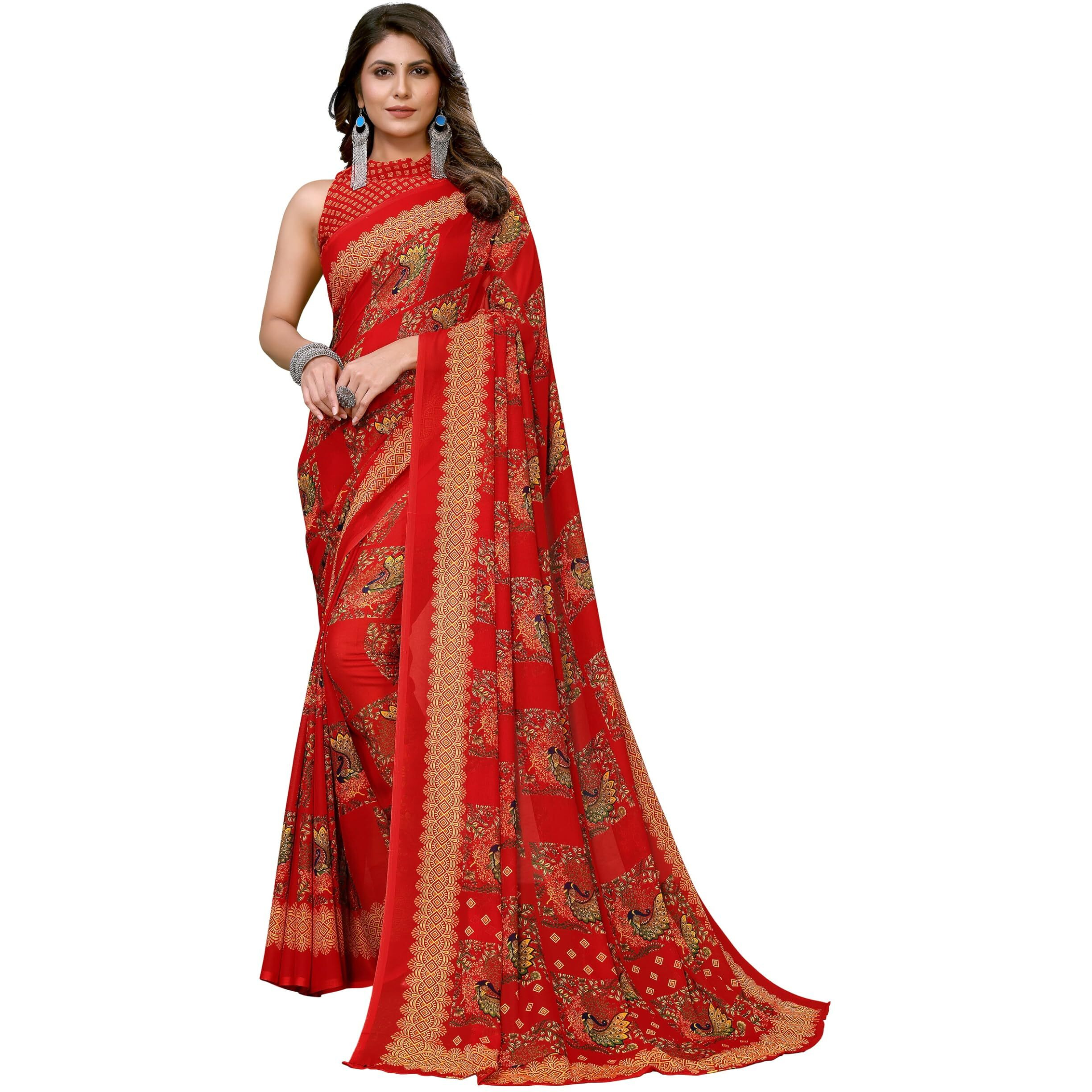 Yashika Women's Trendy Printed Georgette Red Color Saree with Blouse Material(RAMBHA RED)