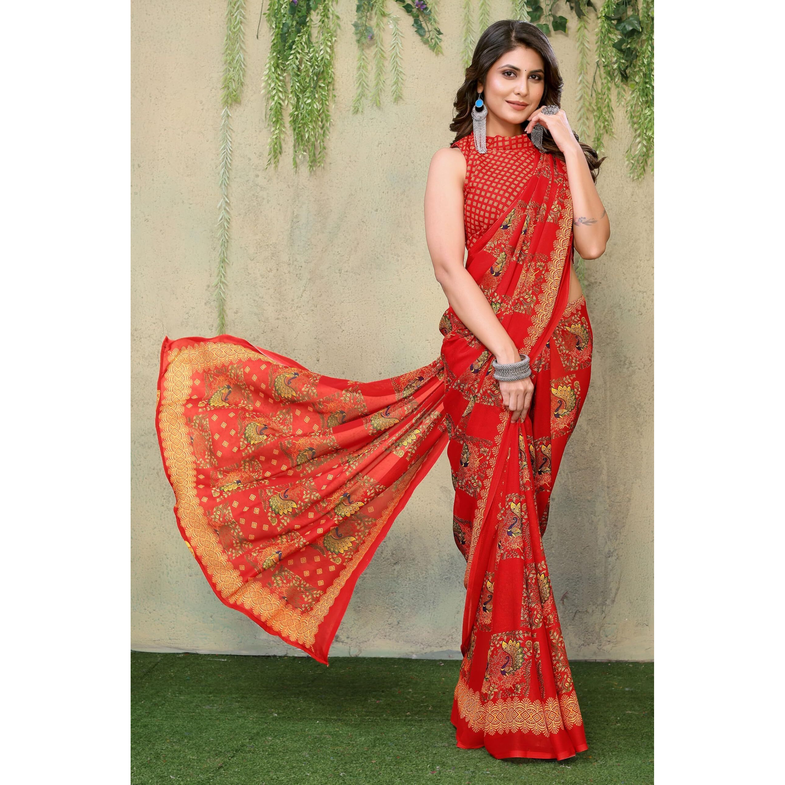 Yashika Women's Trendy Printed Georgette Red Color Saree with Blouse Material(RAMBHA RED)