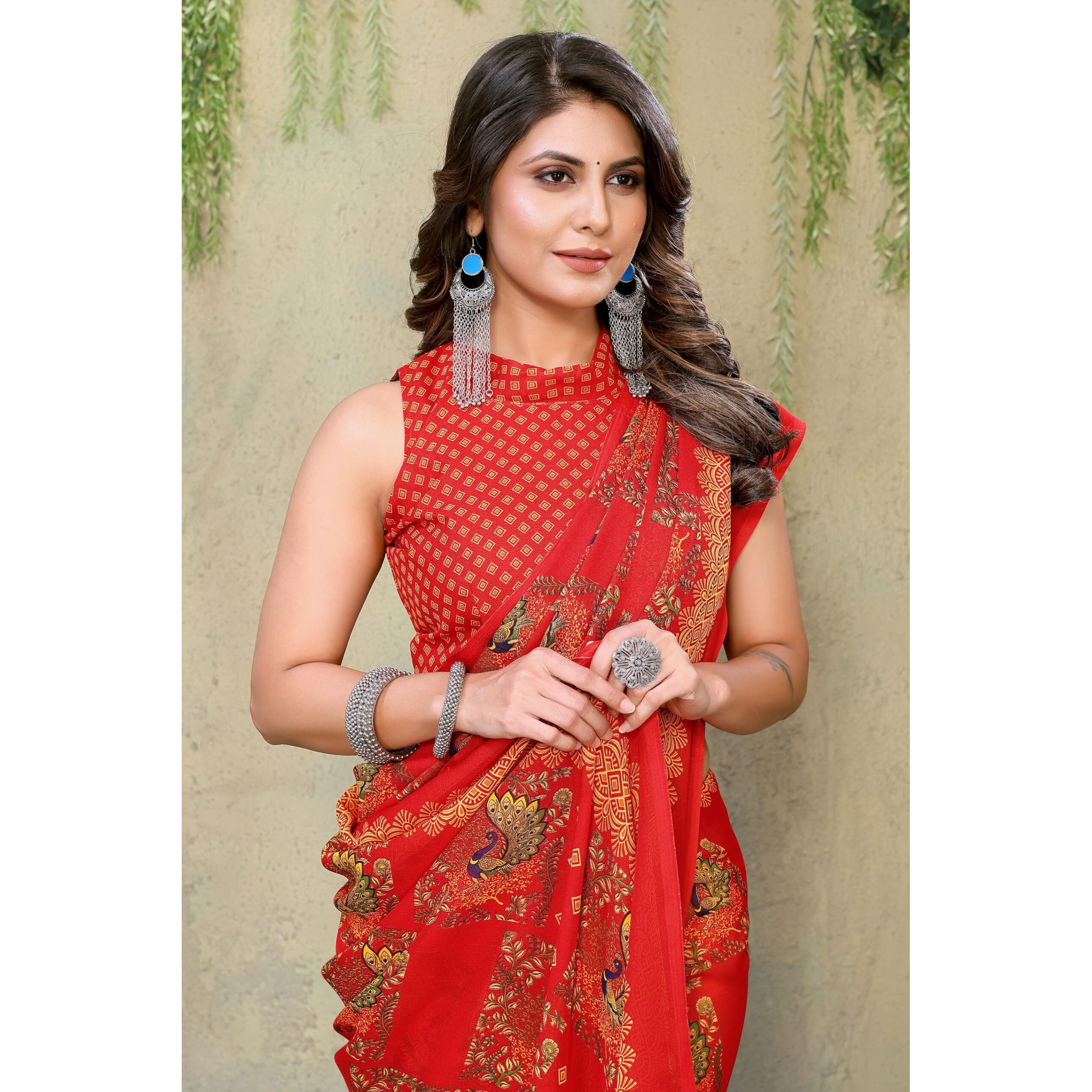 Yashika Women's Trendy Printed Georgette Red Color Saree with Blouse Material(RAMBHA RED)