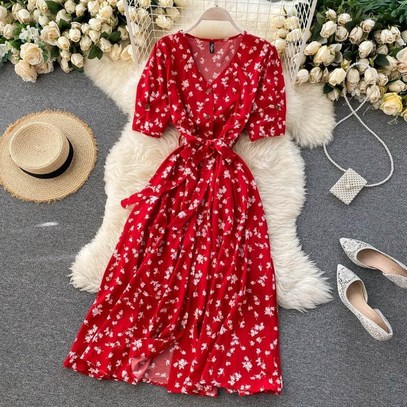 Gufrina Dresses for Women Half Sleeve || Floral Print || V-Neck and Puff Sleeves || Front Open Button & Tie-Up || Midi Dress (Red L)