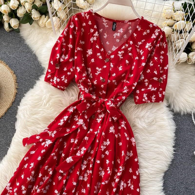 Gufrina Dresses for Women Half Sleeve || Floral Print || V-Neck and Puff Sleeves || Front Open Button & Tie-Up || Midi Dress (Red L)