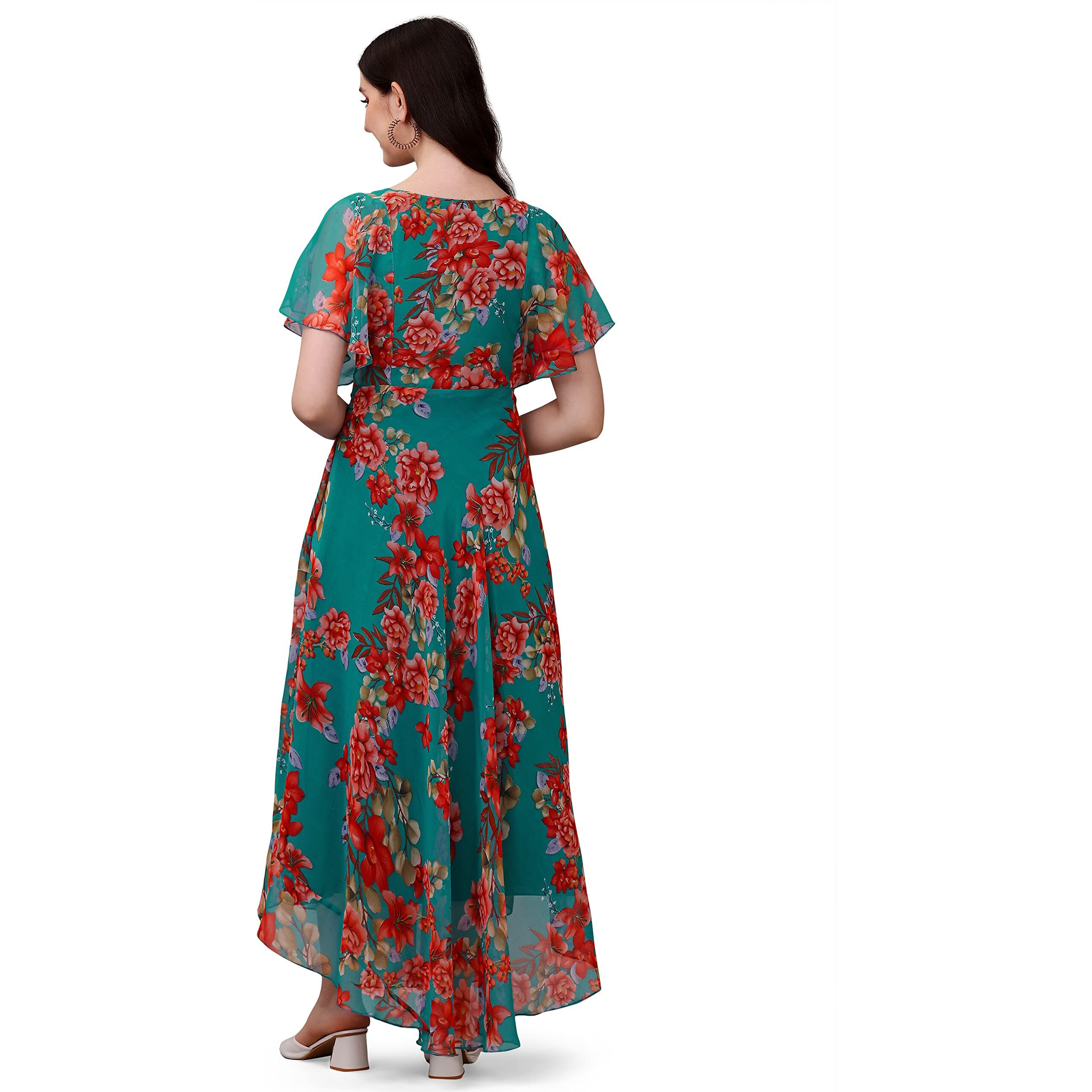 Fashion2wear Women's Georgette Digital Floral Printed Full-Length Fit & Flare Long Gown Dress | Short Sleeve | Dress for Women (XX-Large | Sky | Flower | Sky_Flower_XXL)