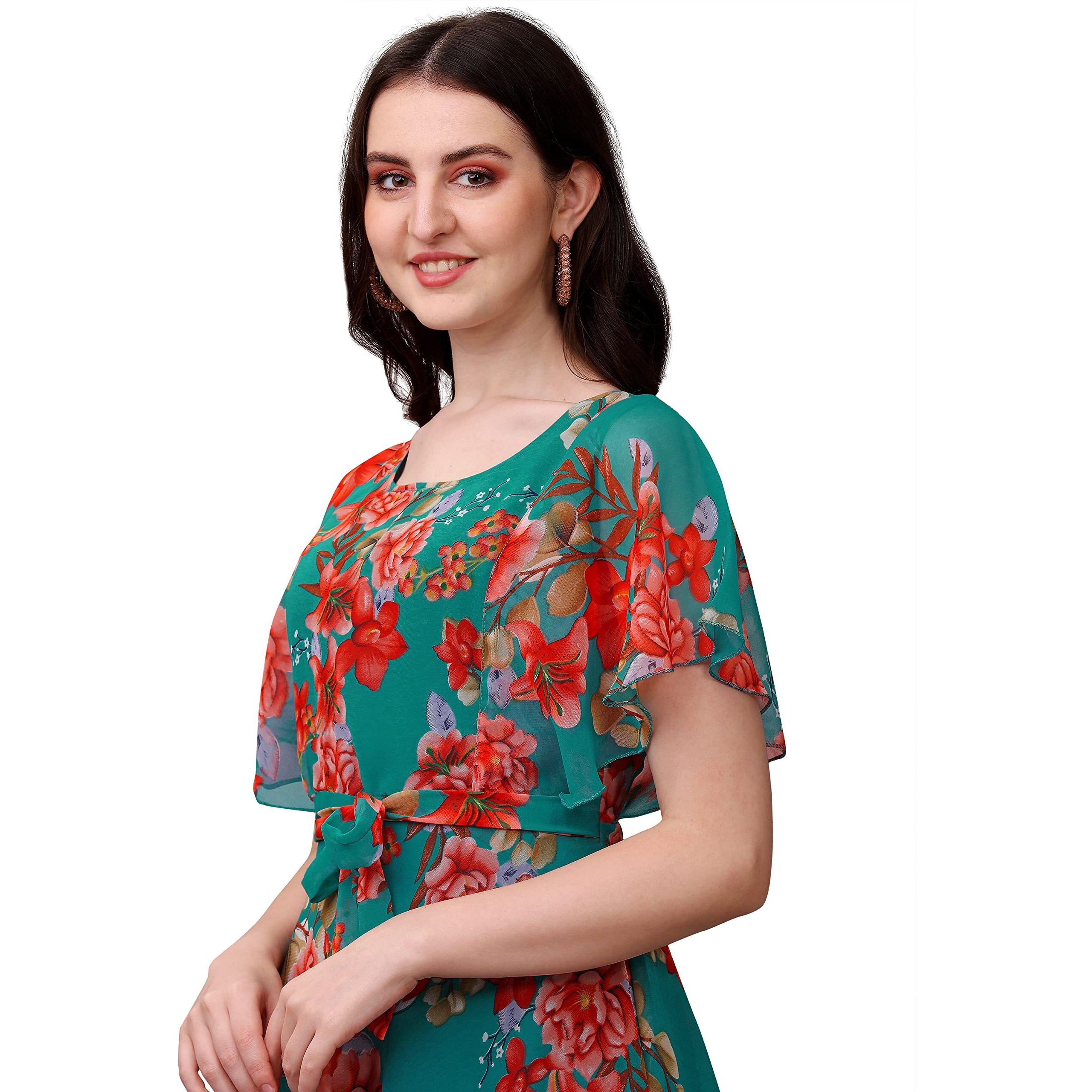 Fashion2wear Women's Georgette Digital Floral Printed Full-Length Fit & Flare Long Gown Dress | Short Sleeve | Dress for Women (XX-Large | Sky | Flower | Sky_Flower_XXL)