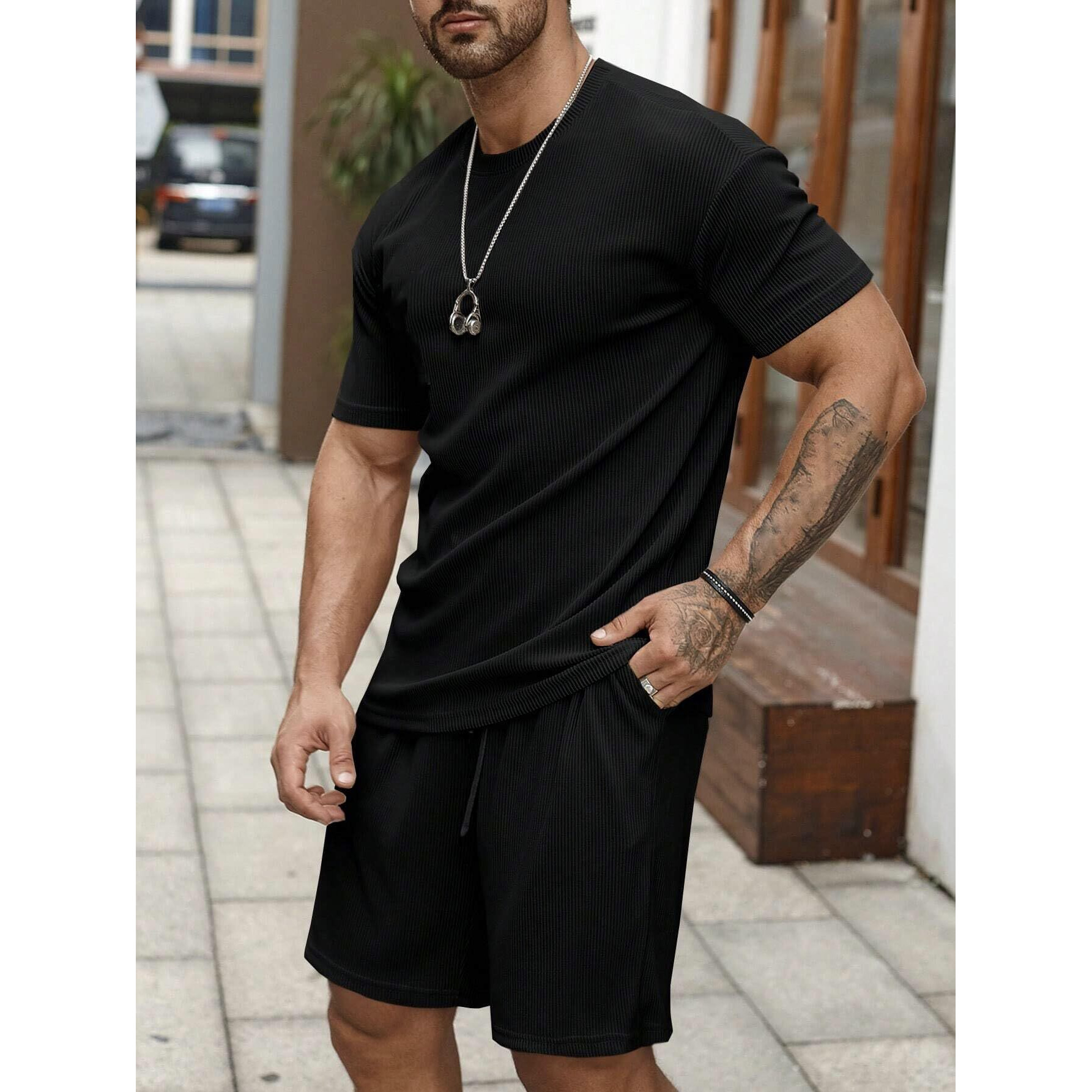 SMOWKLY Men's Pyjama Set || T-Shirt and Shorts Set for Men || Night Wear for Men || Night Suit for Men (1162_MTNS_BK_3XL) Black