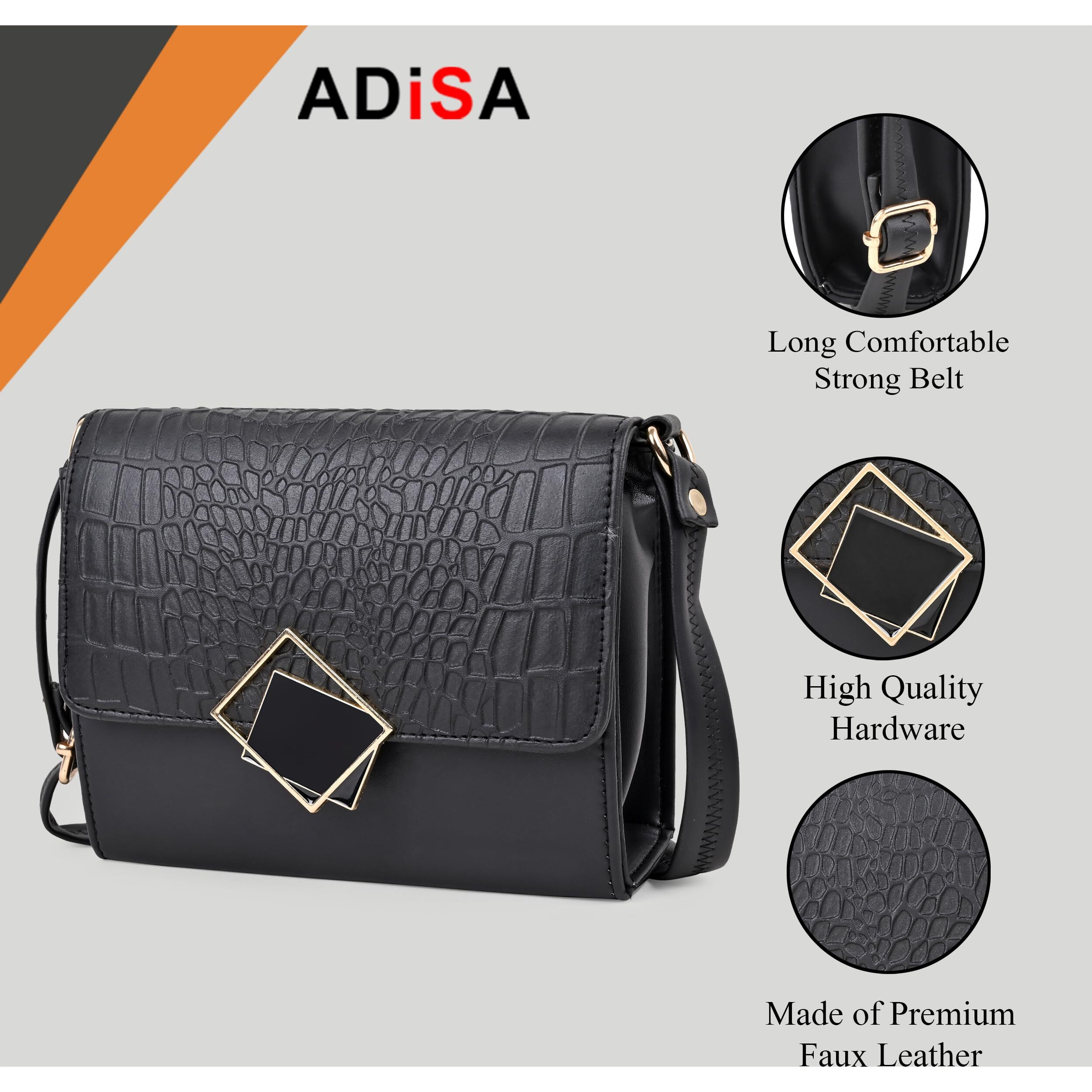 ADISA Women's Girls Party Sling Bag Crossbody (Black - Croco)