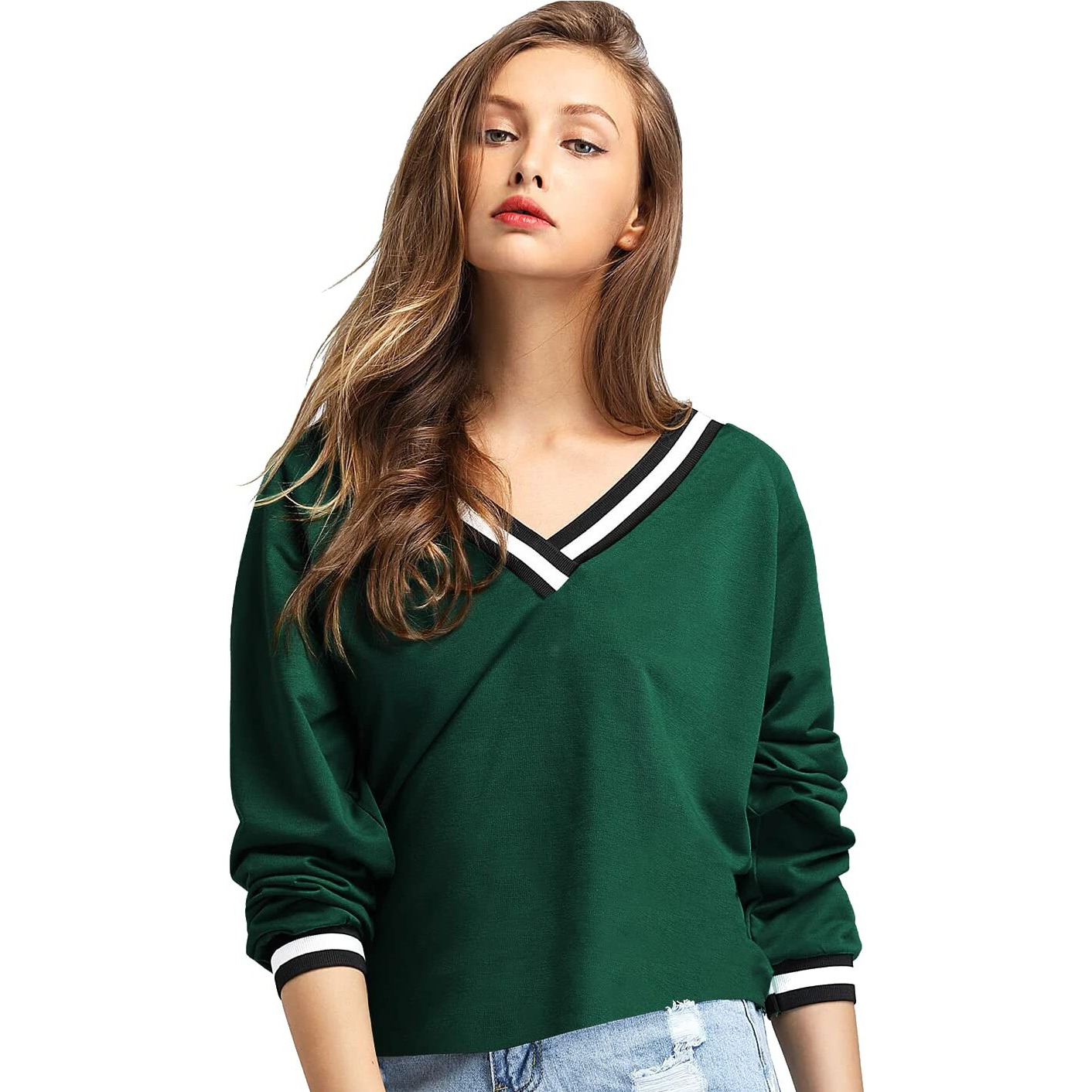 Fabricorn Stylish Plain Green Long Sleeve Cotton Tshirt for Women, V-Neck (Green)