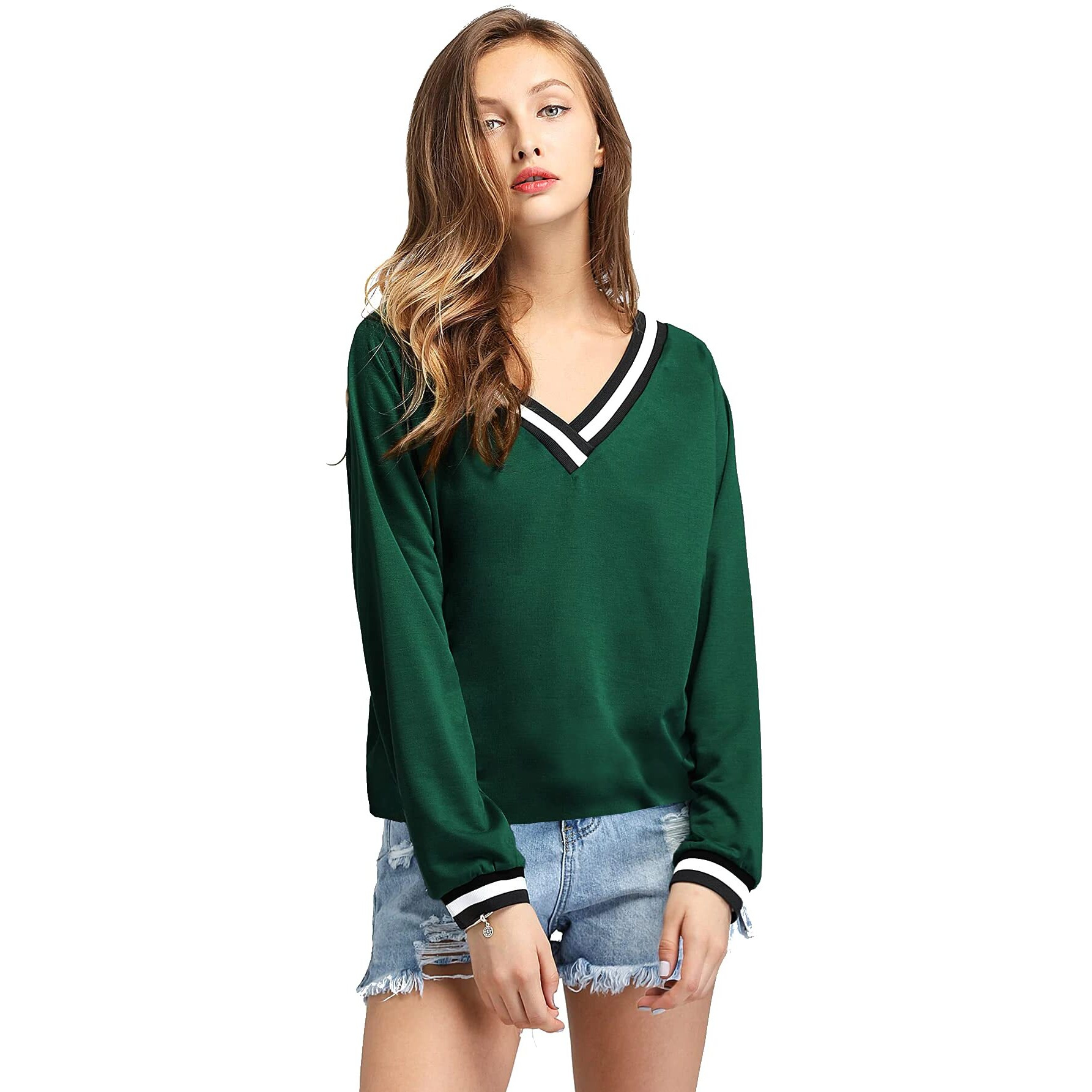 Fabricorn Stylish Plain Green Long Sleeve Cotton Tshirt for Women, V-Neck (Green)