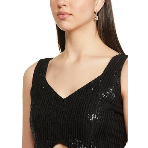 Vihu Fashion Women's Multicolor Sweetheart Neck Georgette Line Soft Sequence Zari Work Sleeves Readymade Saree Blouse (Black, 36)