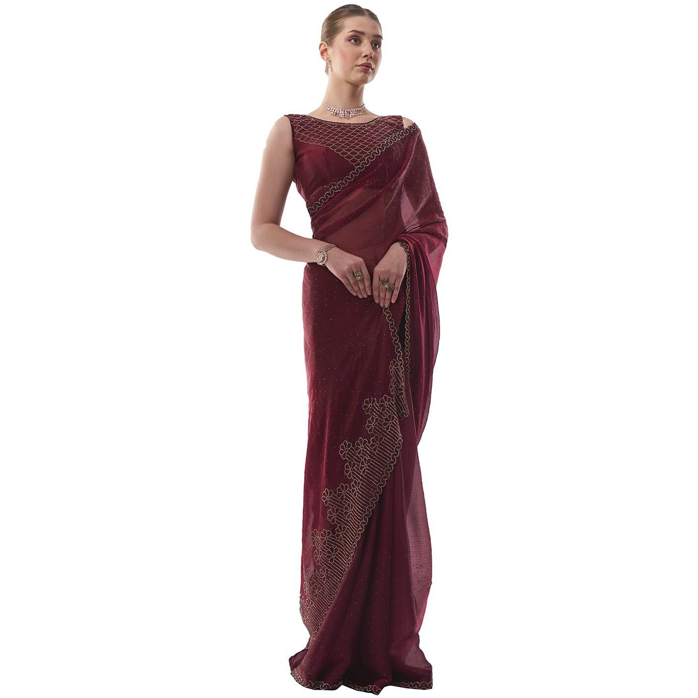 ORHANS Women's Chiffon All Over Fix Diamond & Lace Work Saree With Art Silk Matching Unstitched Blouse Piece