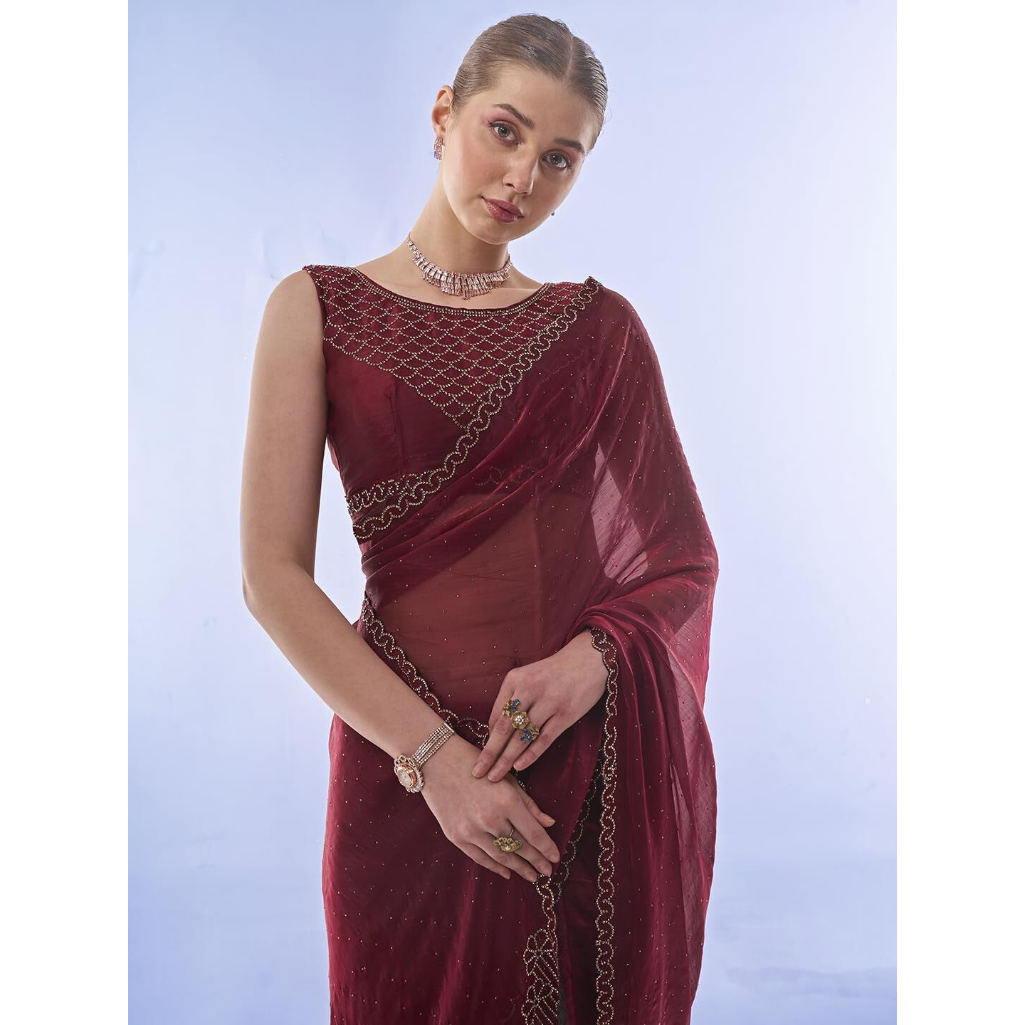 ORHANS Women's Chiffon All Over Fix Diamond & Lace Work Saree With Art Silk Matching Unstitched Blouse Piece