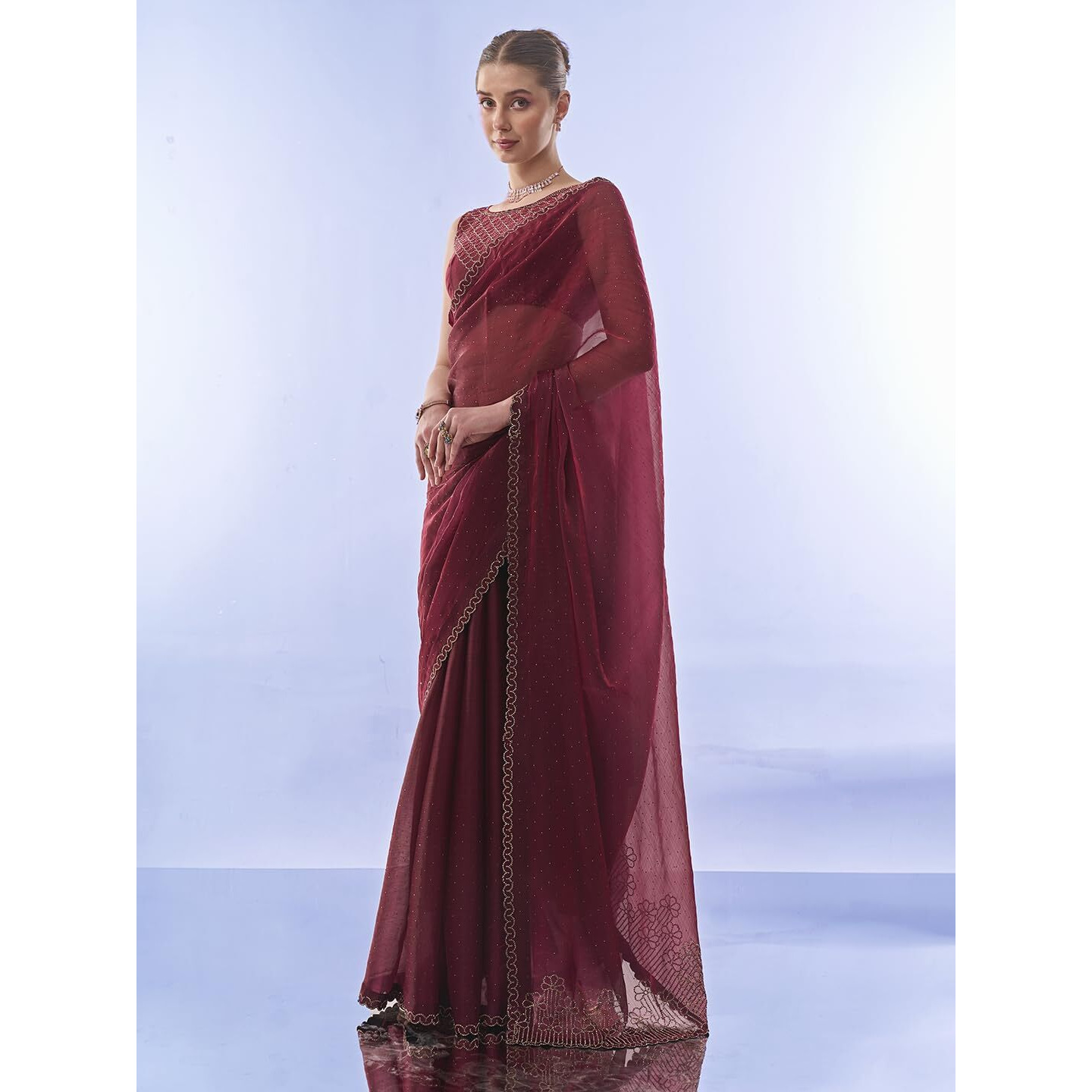 ORHANS Women's Chiffon All Over Fix Diamond & Lace Work Saree With Art Silk Matching Unstitched Blouse Piece