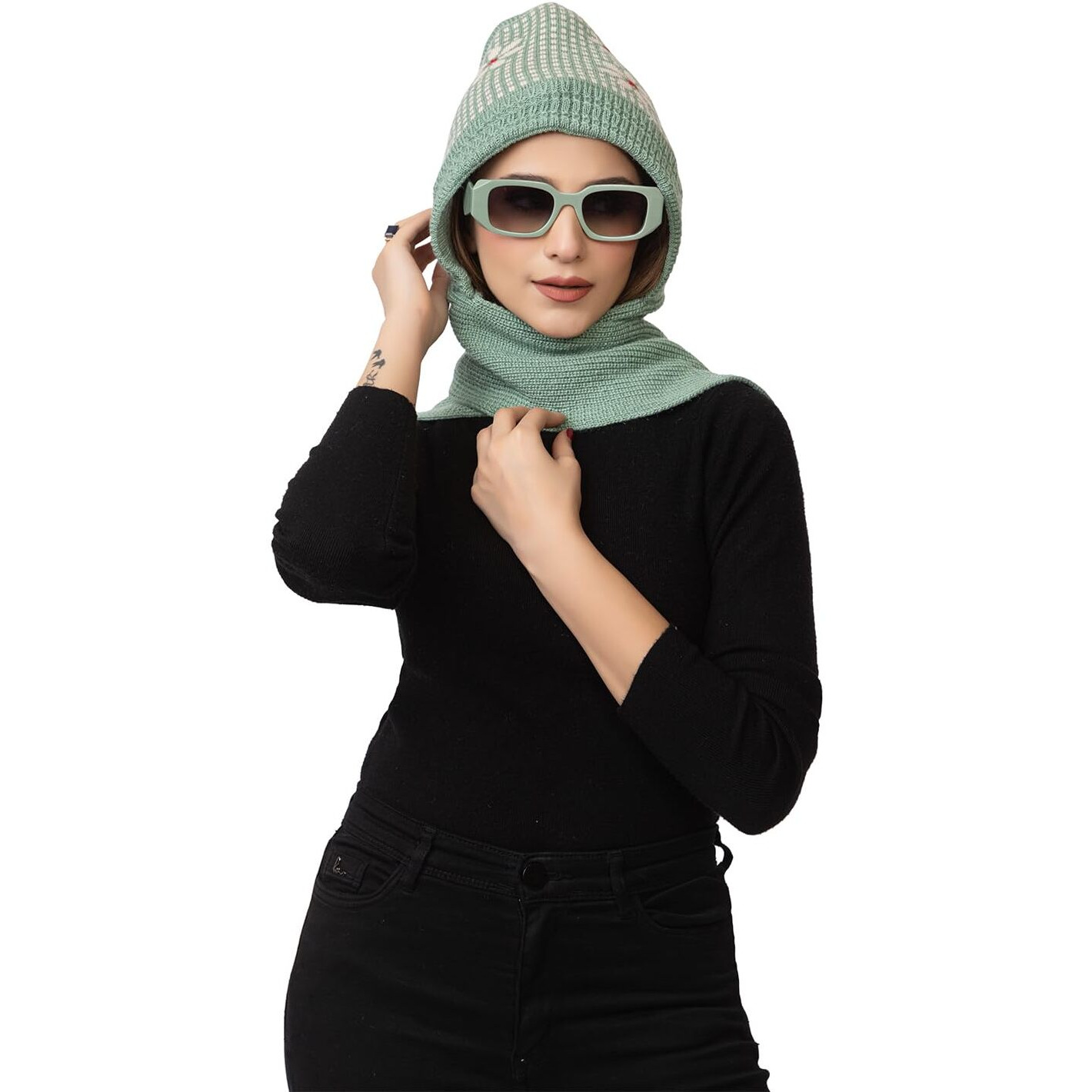 AMOLDO Women's Winter Woolen Soft Warm Knitted Designer Muffler Beanie Cap with Fur | Fleece Printed Woolen Hat with Attached Scarf for Cold Weather (in, Alpha, Free Size, Sea Green)