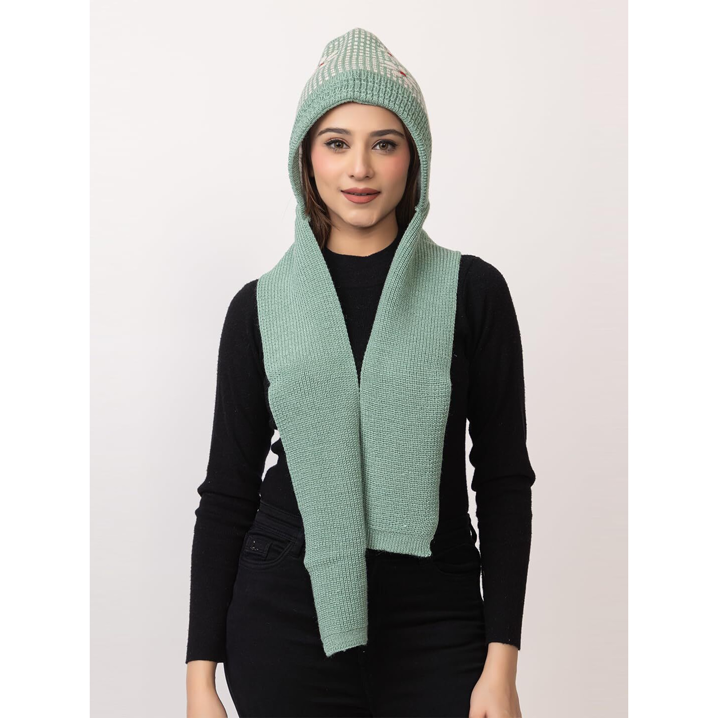 AMOLDO Women's Winter Woolen Soft Warm Knitted Designer Muffler Beanie Cap with Fur | Fleece Printed Woolen Hat with Attached Scarf for Cold Weather (in, Alpha, Free Size, Sea Green)
