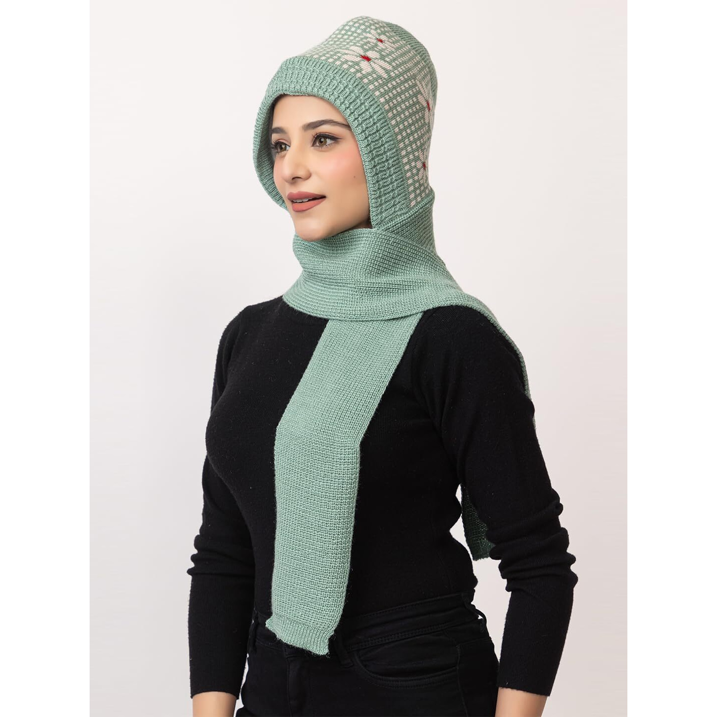 AMOLDO Women's Winter Woolen Soft Warm Knitted Designer Muffler Beanie Cap with Fur | Fleece Printed Woolen Hat with Attached Scarf for Cold Weather (in, Alpha, Free Size, Sea Green)