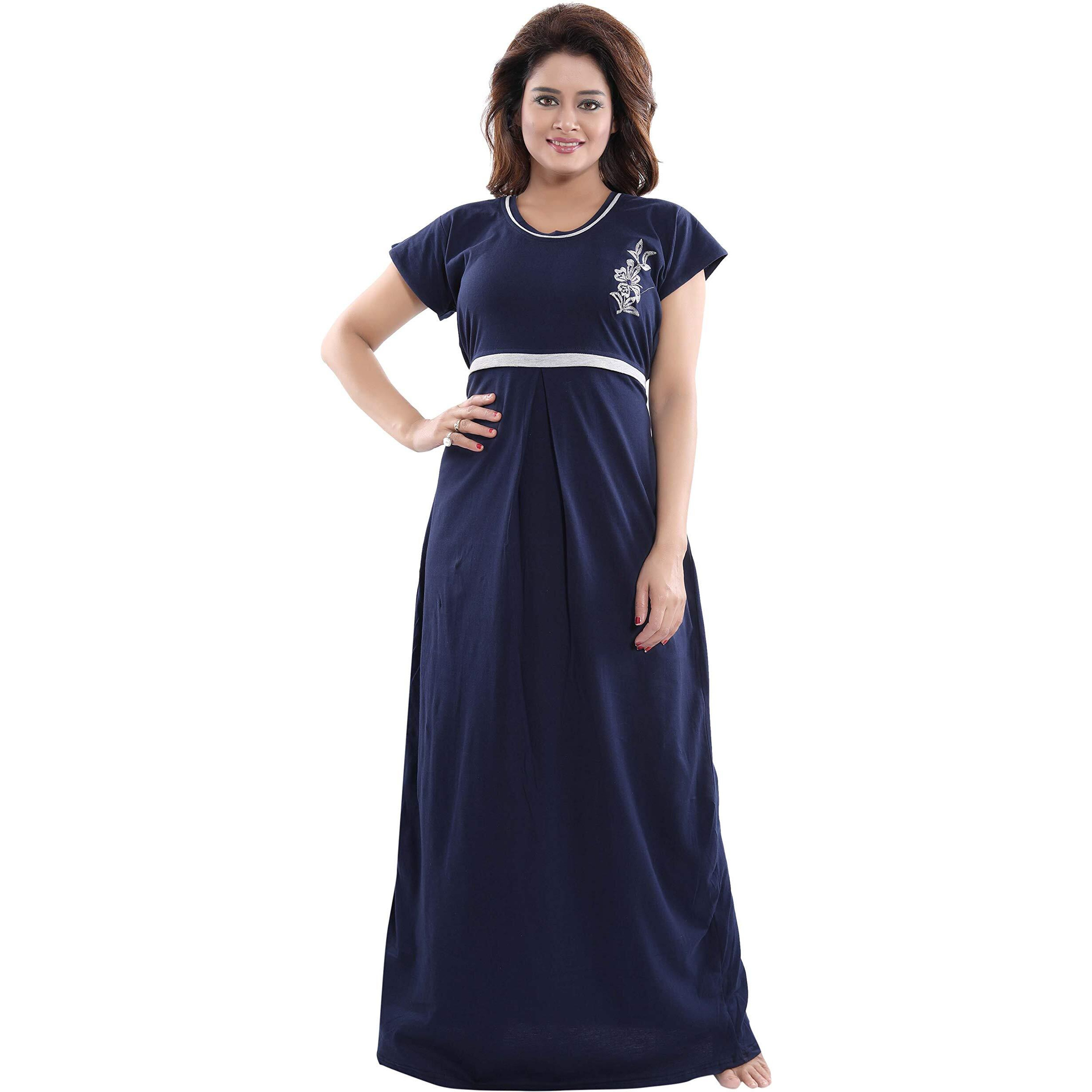 Fabme Women's Hosiery Solid Maxi Nighty (Navy Blue_Free Size_NW0163_Navy Blue_Free Size)