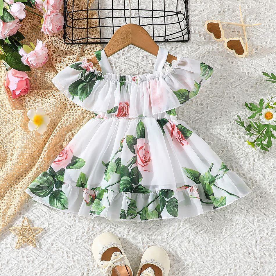 Buy & Try by Dharmikaay Girl's Georgette Floral Printed Frock Dress for Girls Short Frock Baby Western Dresses| Stylish Latest Fancy Kids Clothing for Festival, Birthday, Fashion. 1-2 Years White