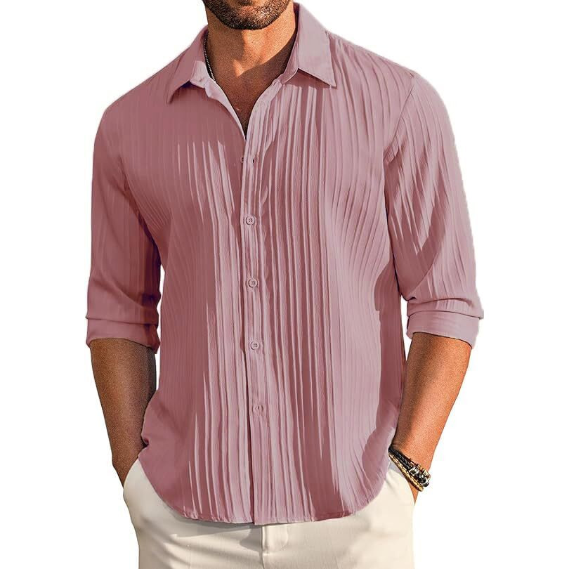 CB-COLEBROOK Men's Casual Button Down Shirts Long Sleeve Linen Shirt Fashion Textured Beach Summer Shirt (in, Alpha, XL, Regular, Mauve)