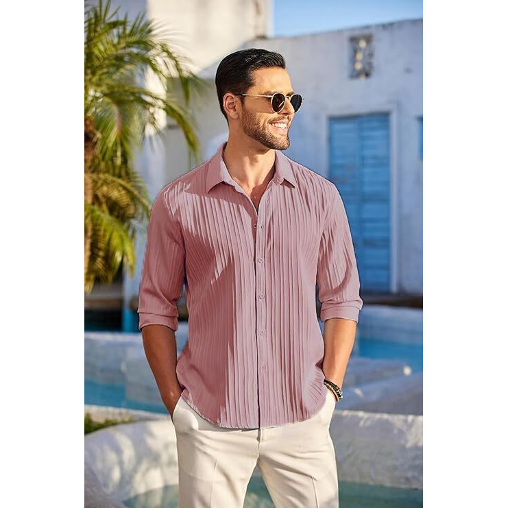 CB-COLEBROOK Men's Casual Button Down Shirts Long Sleeve Linen Shirt Fashion Textured Beach Summer Shirt (in, Alpha, XL, Regular, Mauve)