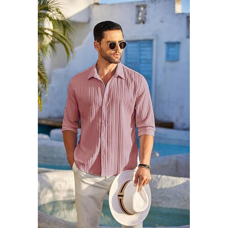 CB-COLEBROOK Men's Casual Button Down Shirts Long Sleeve Linen Shirt Fashion Textured Beach Summer Shirt (in, Alpha, XL, Regular, Mauve)