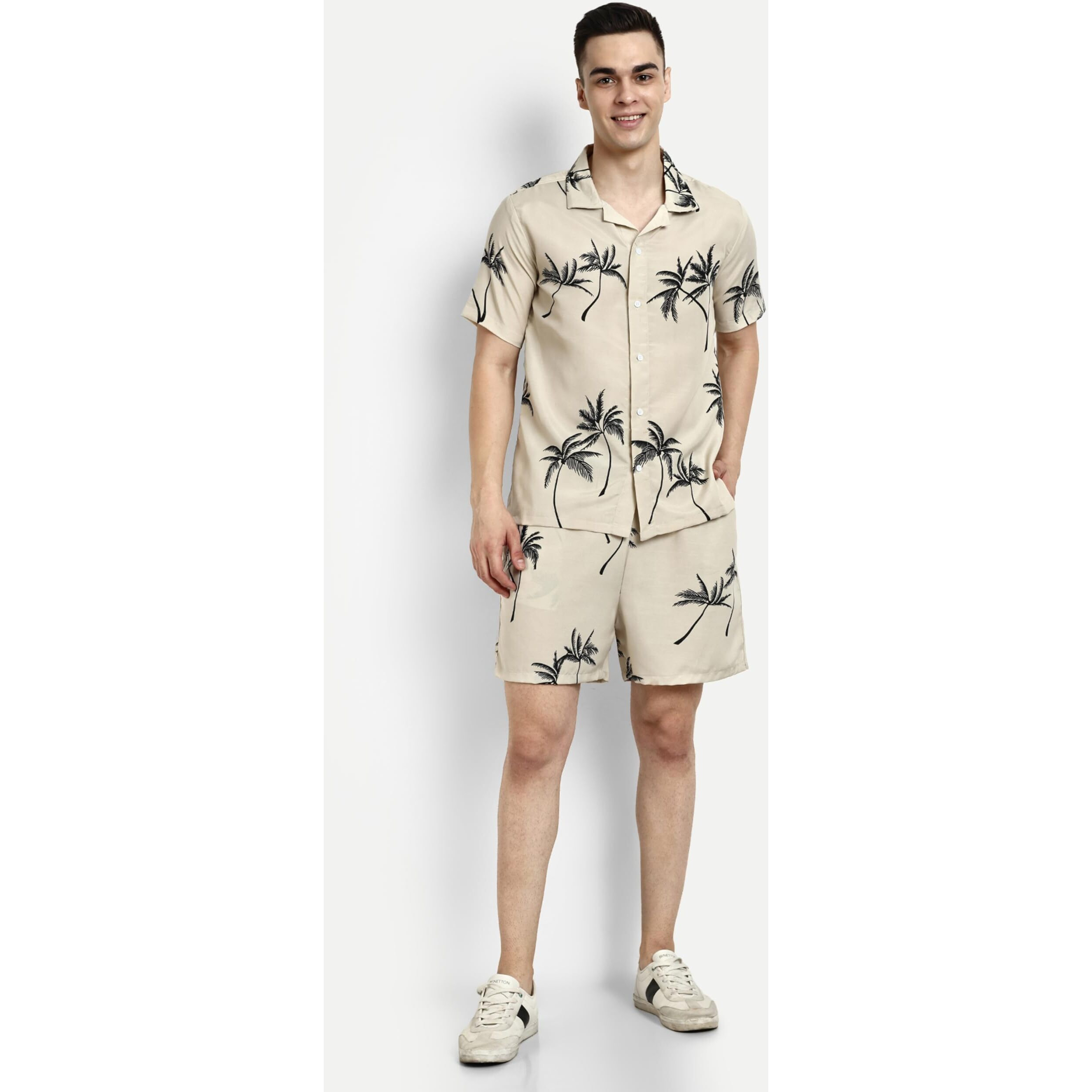 Leriya Fashion Night Dress for Men || Palm Tree Printed Rayon Night Dress || Beach Wear Summer Wear for Men || Sleepwear Loungewear Nightdress (Medium, Off White) LF-MS-6099&SH