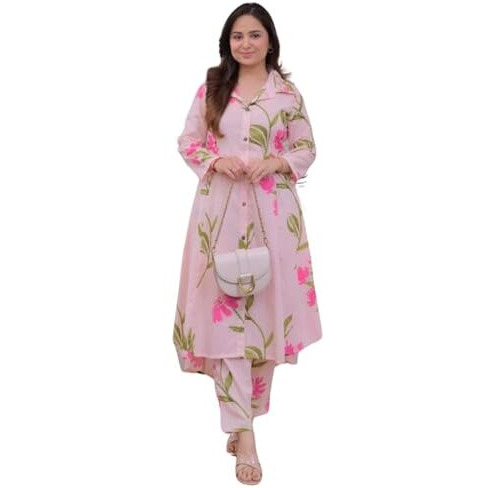 Leriya Fashion WOMEN PRINTED A-LINE CO-ORD KURTA SET FOR WOMEN (LF-W2092&TR1052-S-PINK)