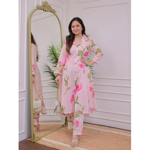 Leriya Fashion WOMEN PRINTED A-LINE CO-ORD KURTA SET FOR WOMEN (LF-W2092&TR1052-S-PINK)