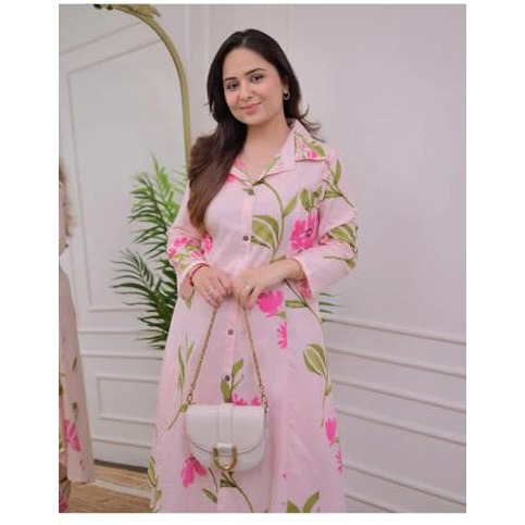 Leriya Fashion WOMEN PRINTED A-LINE CO-ORD KURTA SET FOR WOMEN (LF-W2092&TR1052-S-PINK)
