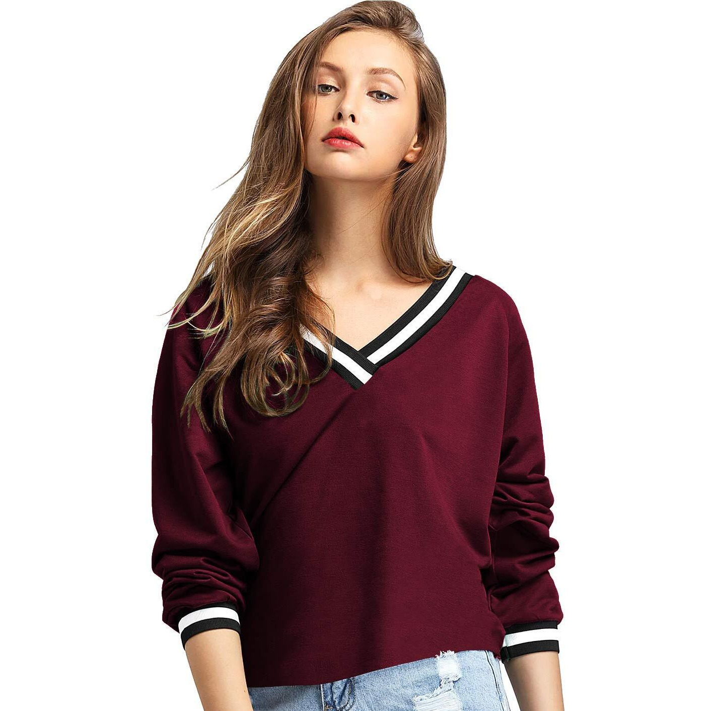 Fabricorn Women's Plain Long Sleeve Cotton Tshirt (Wine, X-Large)