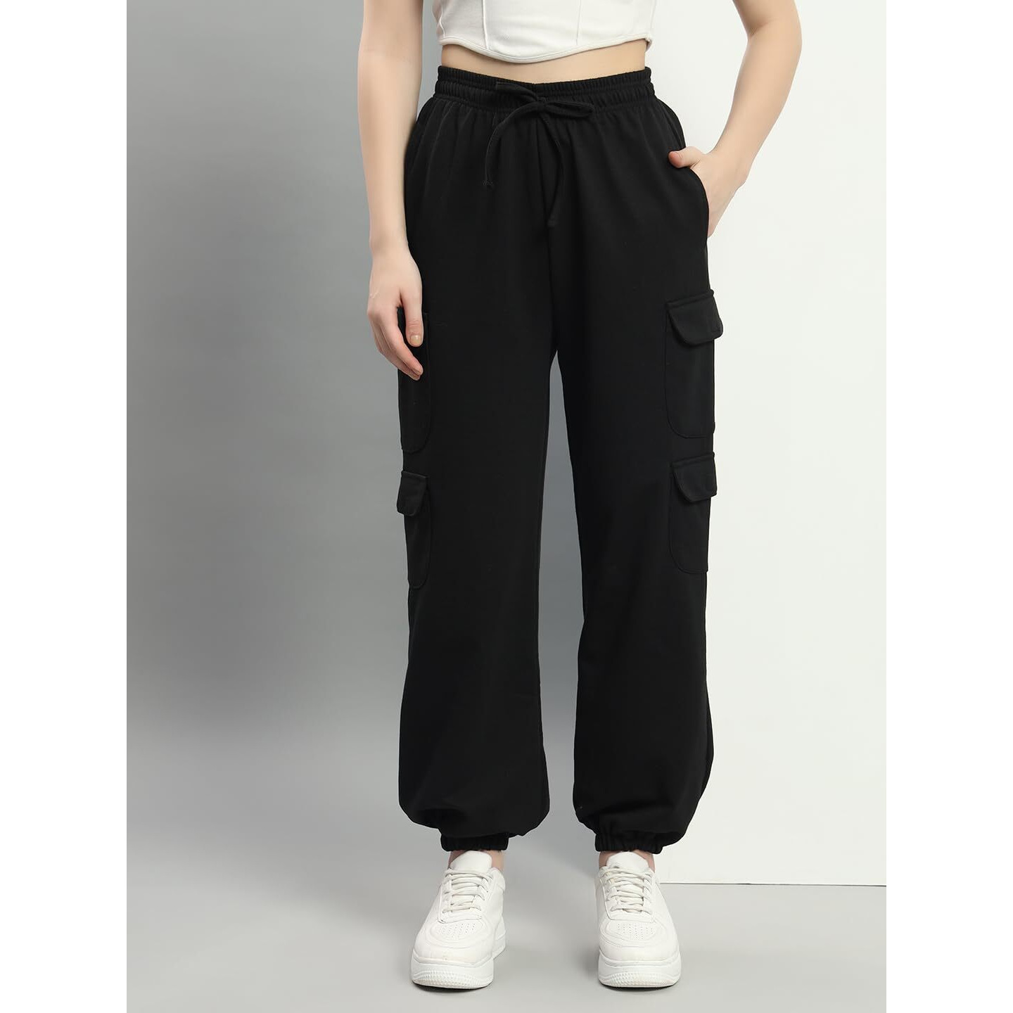 Q - RIOUS Women's Relaxed Fit Cargo Style Jogger Pants (Black_36)