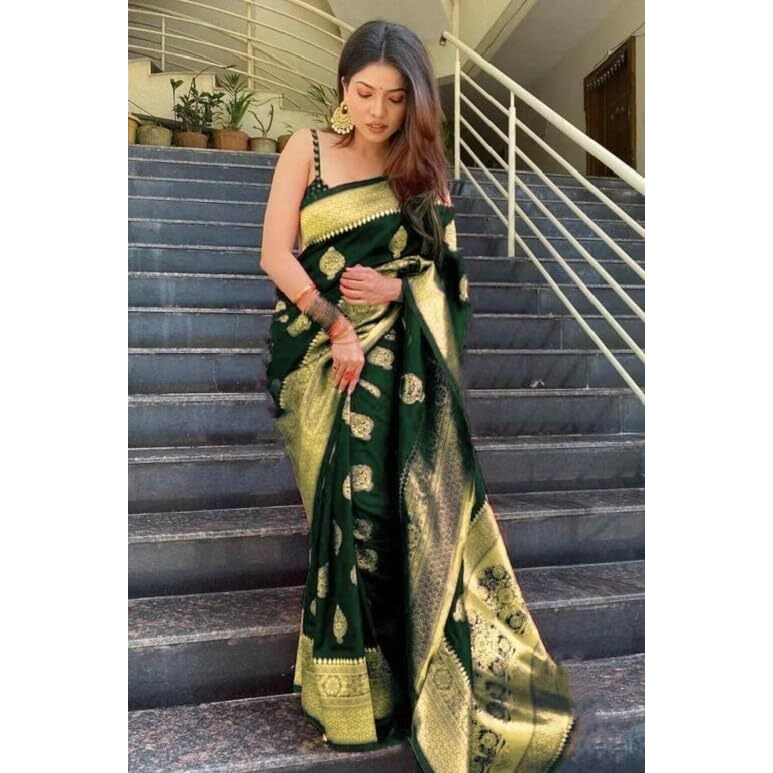 Yashika Women's Banarasi Kanjivaram Saree with Blouse Material (Green)