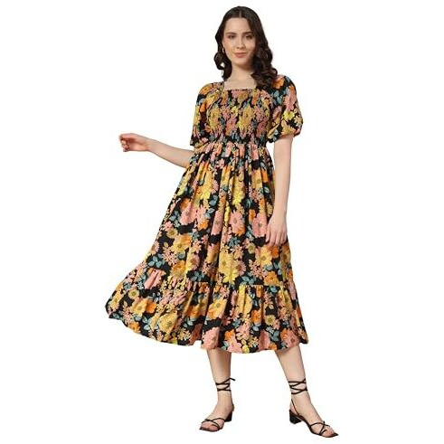 KZULLY Women's Crepe A-Line Midi Dress (1001-Yellow-Peach-Flower-XXL_Yellow