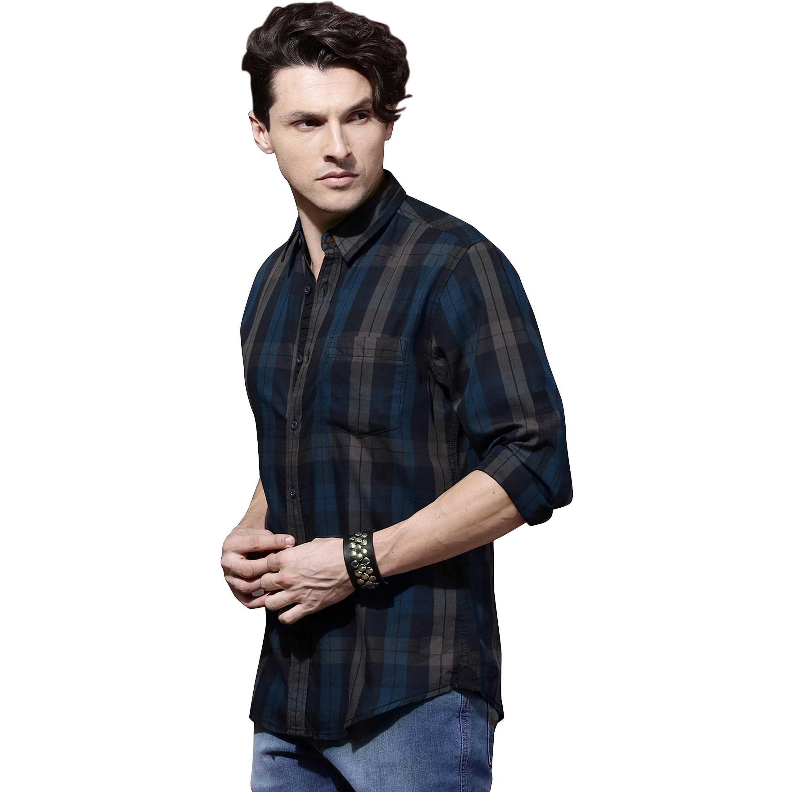 IndoPrimo Men's Classic Fit Checks Cotton Casual Shirt for Men Full Sleeves - Lexus (in, Alpha, M, Regular, Navy Blue)