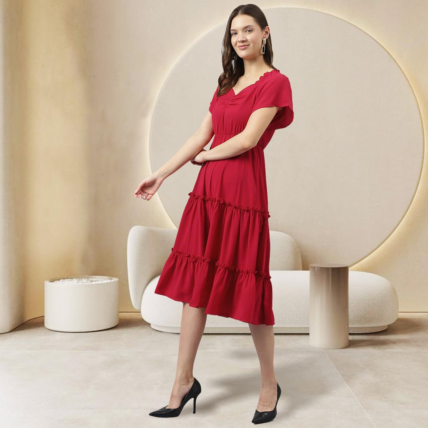 KERI PERRY Women's Red Rayon Solid Tiered Western Dress | Dress for Women | A line | Anarkali Dress | Gown Dress | Western Dress | Exclusive Women Dress | Bollywood Dress | Fashion (Large, Red)
