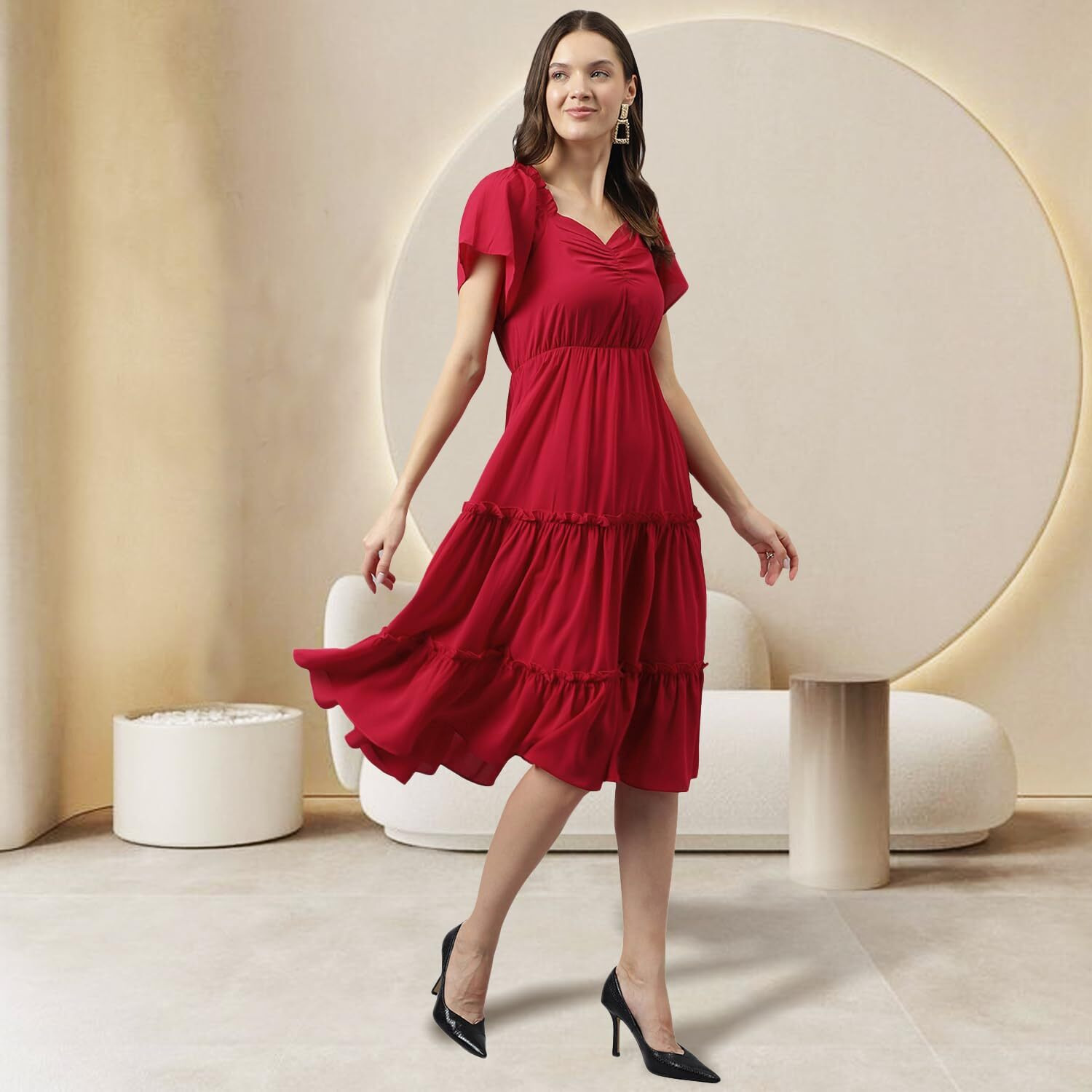 KERI PERRY Women's Red Rayon Solid Tiered Western Dress | Dress for Women | A line | Anarkali Dress | Gown Dress | Western Dress | Exclusive Women Dress | Bollywood Dress | Fashion (Large, Red)