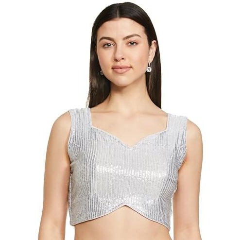 Vihu Fashion Women's Multicolor Sweetheart Neck Georgette Line Soft Sequence Zari Work Sleeves Readymade Saree Blouse (Silver, 34)