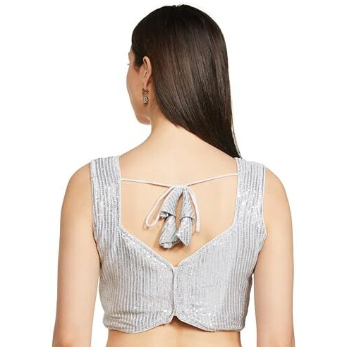 Vihu Fashion Women's Multicolor Sweetheart Neck Georgette Line Soft Sequence Zari Work Sleeves Readymade Saree Blouse (Silver, 34)