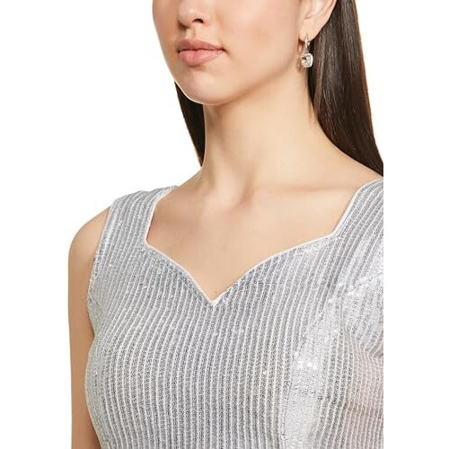 Vihu Fashion Women's Multicolor Sweetheart Neck Georgette Line Soft Sequence Zari Work Sleeves Readymade Saree Blouse (Silver, 34)
