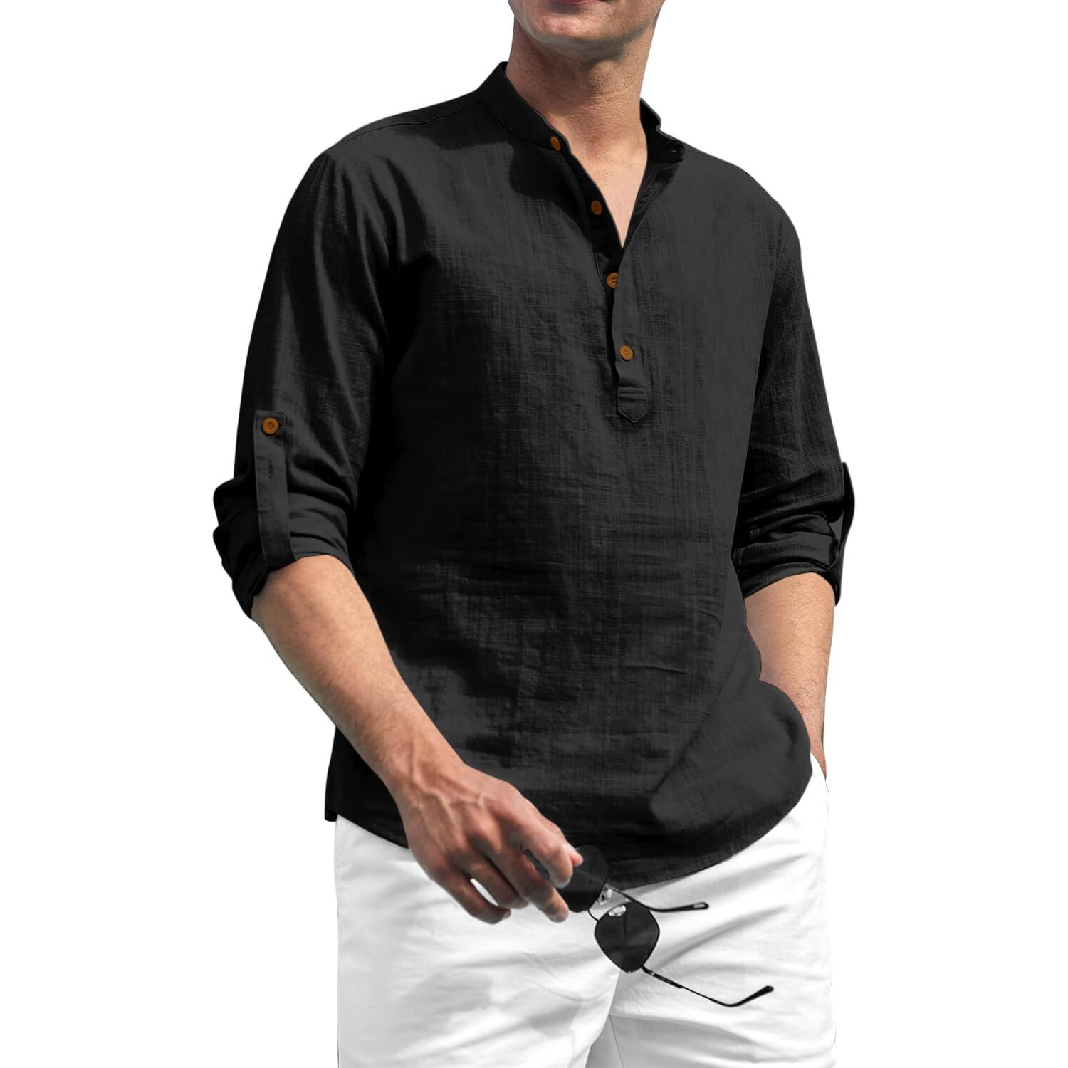 Zombom Cotton Blend Solid Casual Regular Fit Mandarin/Chinese Collor Short Kurta for Men Black