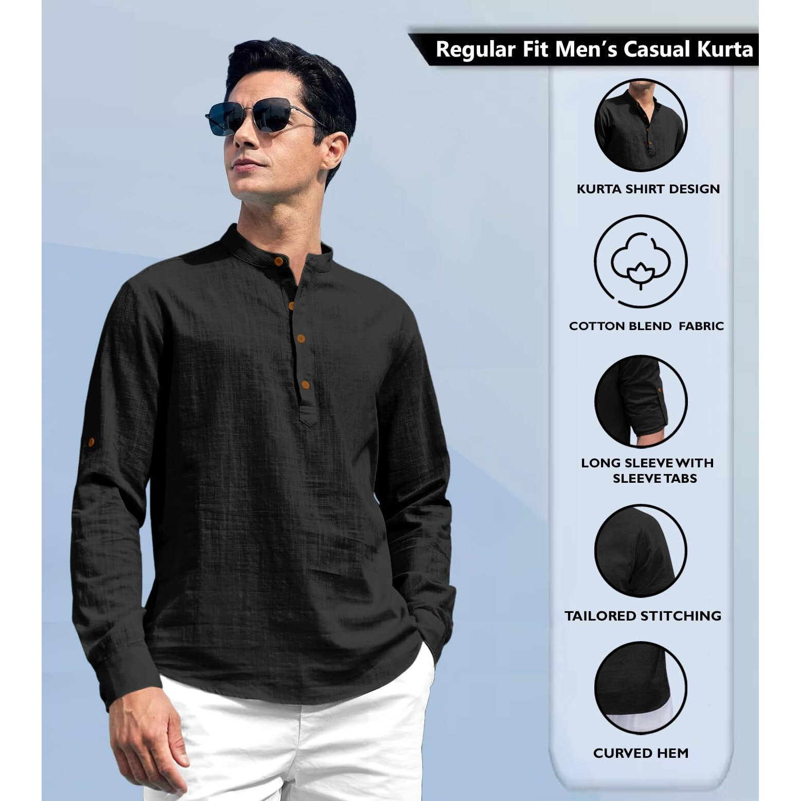 Zombom Cotton Blend Solid Casual Regular Fit Mandarin/Chinese Collor Short Kurta for Men Black