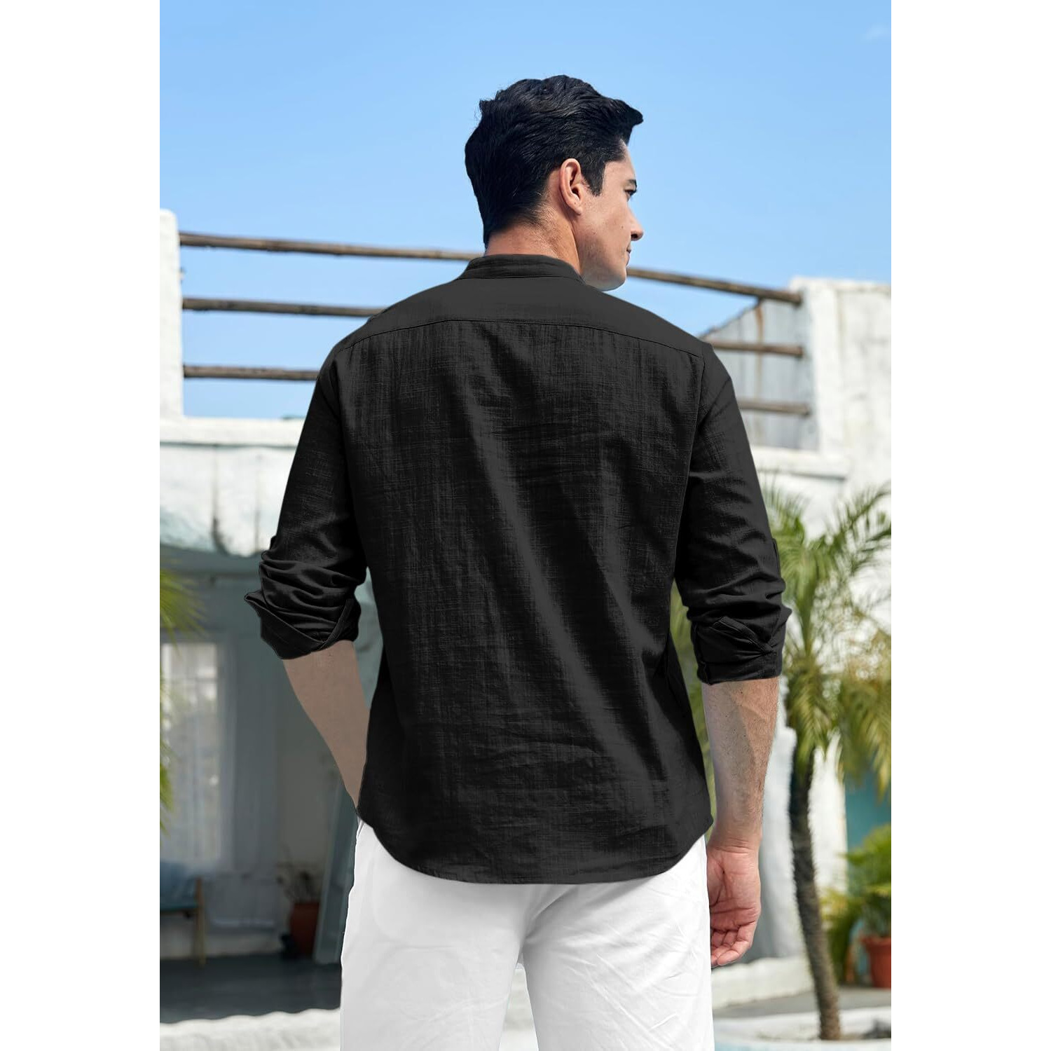 Zombom Cotton Blend Solid Casual Regular Fit Mandarin/Chinese Collor Short Kurta for Men Black