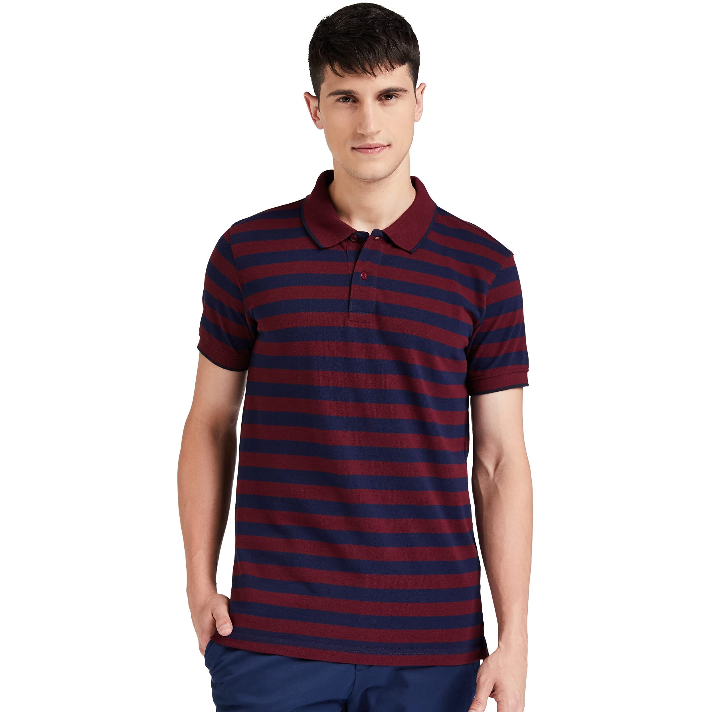 Amazon Brand - Symbol Men's Cotton Rich Striped Polo T Shirt | Collar Tshirts | Half Sleeves - Regular Fit (Pomegrante and Peacot Blue_L)