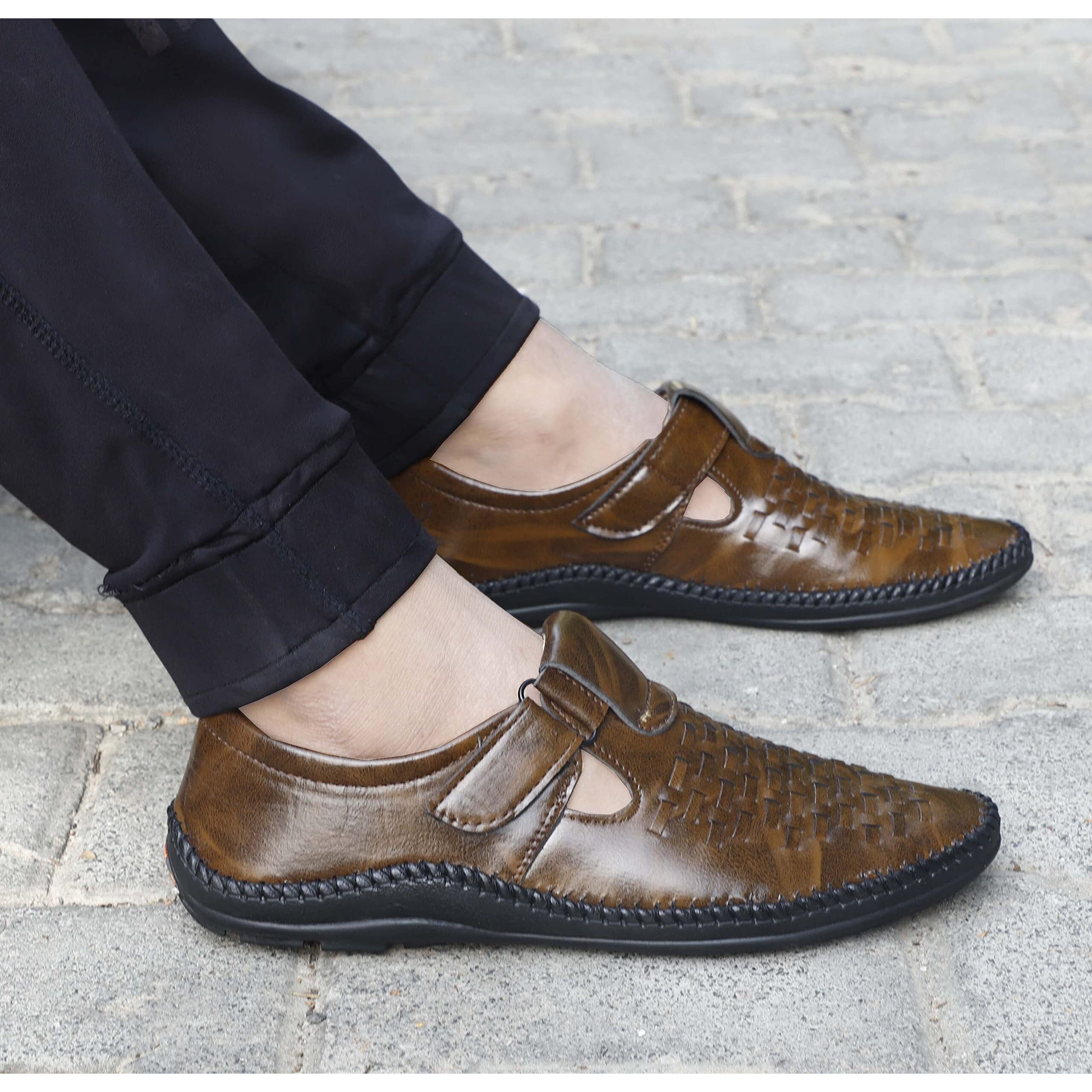 AADI Men's Brown Synthetic Leather Outdoor Casual Sandals & Floaters
