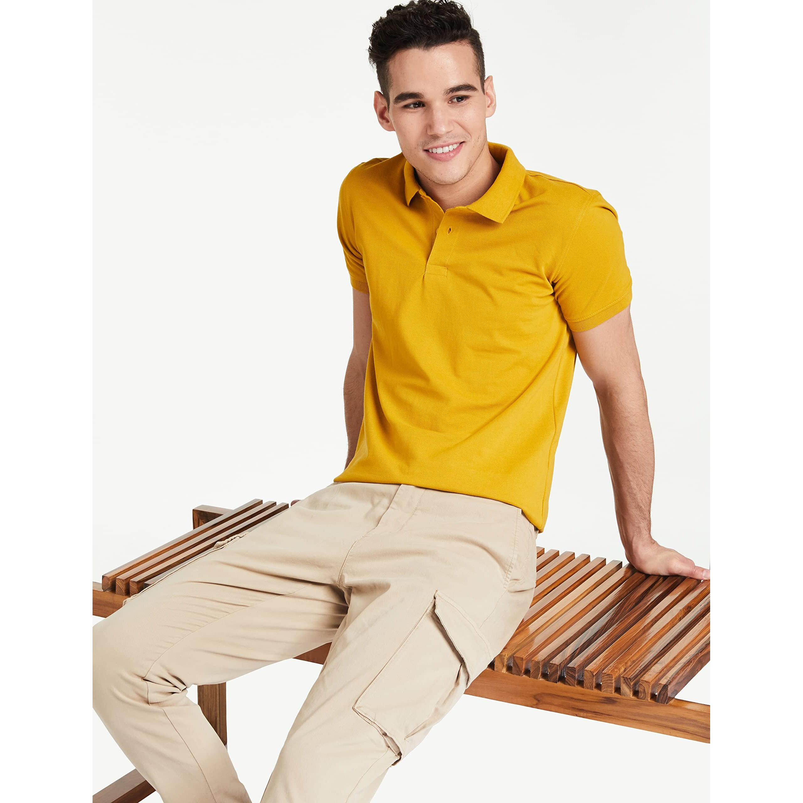 Amazon Brand - Symbol Men's Solid Cotton Rich Polo T Shirt | Collar Tshirts | Half Sleeves | Plain-Regular Fit (Mineral Yellow_2XL) (Available in Plus Size)