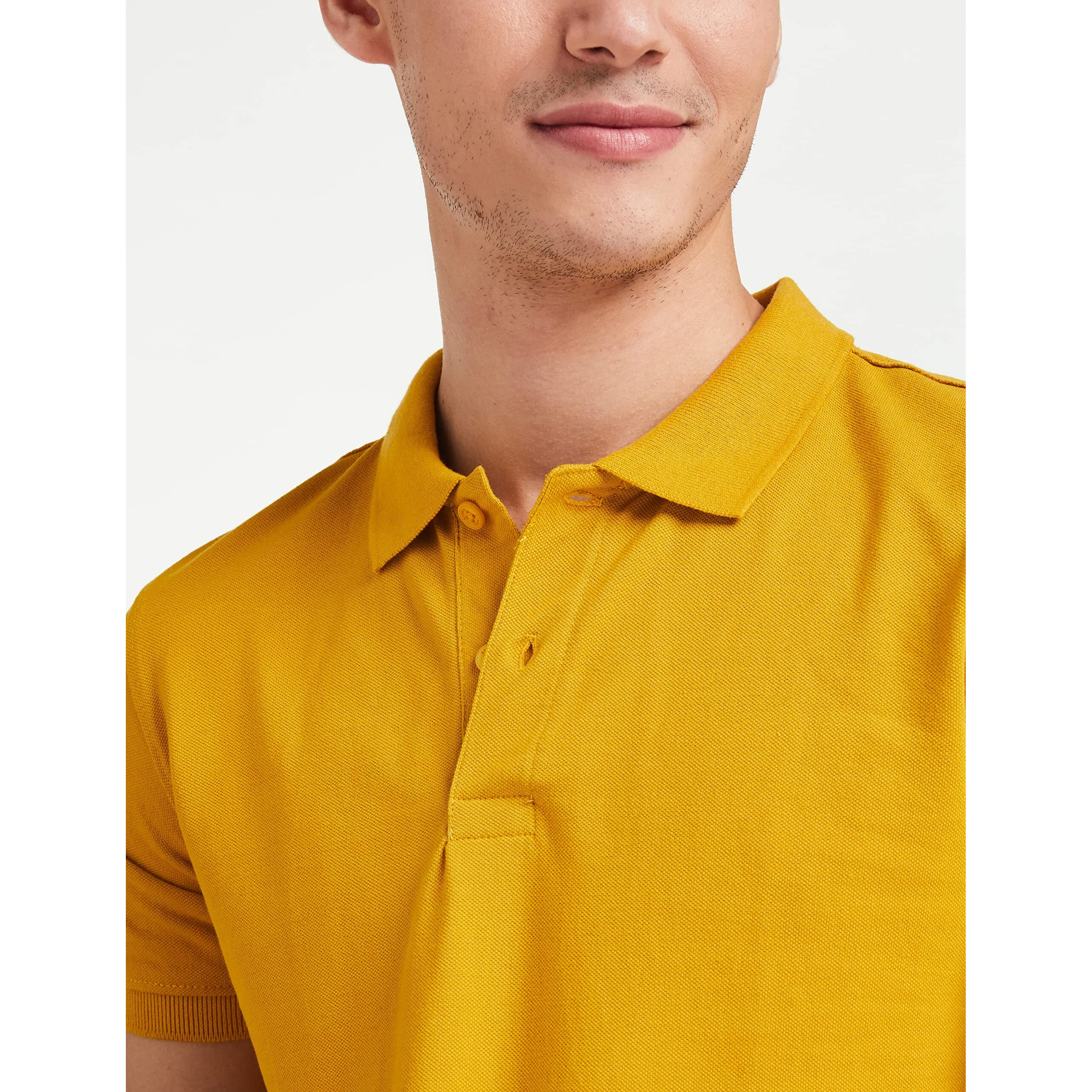 Amazon Brand - Symbol Men's Solid Cotton Rich Polo T Shirt | Collar Tshirts | Half Sleeves | Plain-Regular Fit (Mineral Yellow_2XL) (Available in Plus Size)